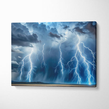 Canvas print of electric blue lightning striking dark swirling clouds in a cinematic wide landscape wall decor