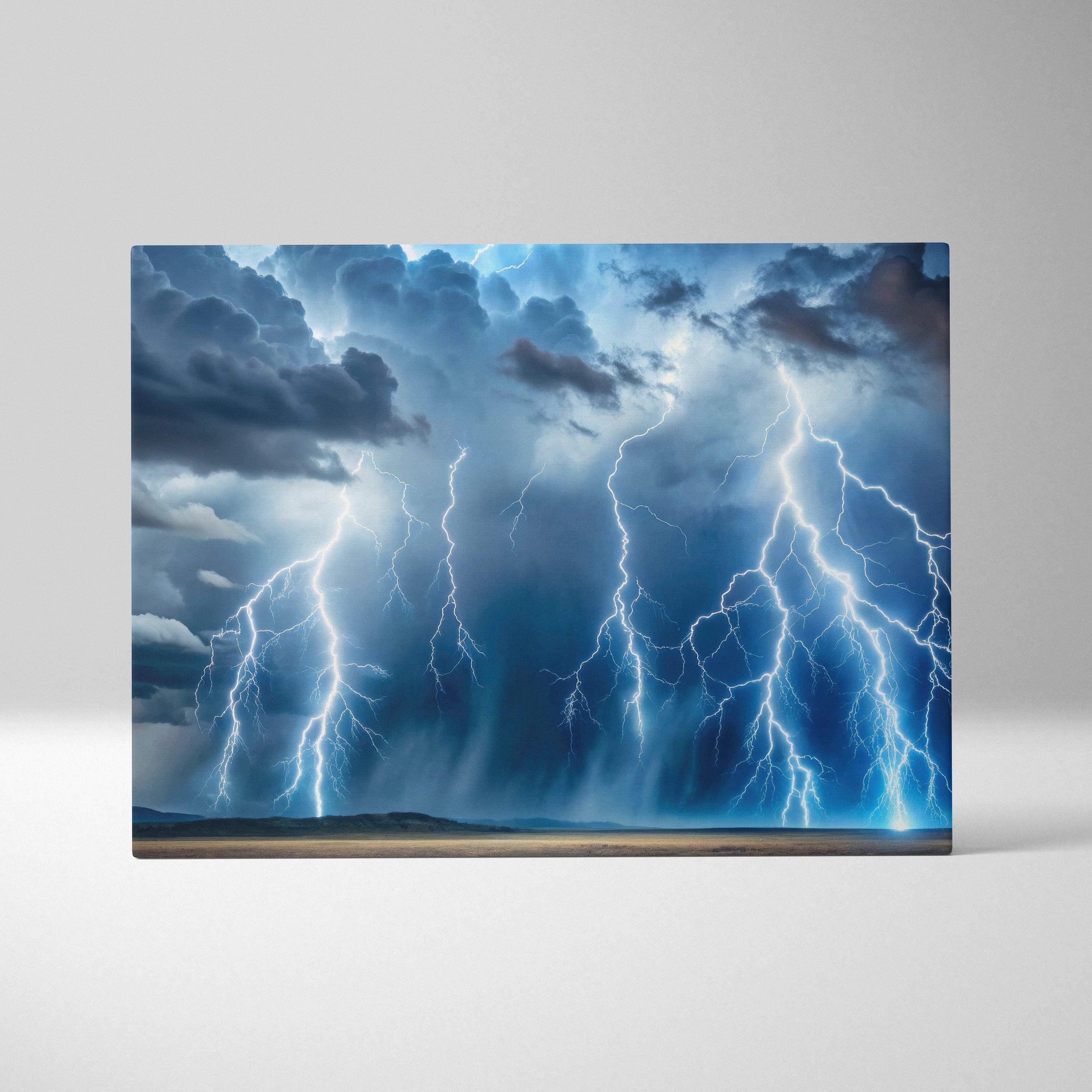 A rectangular canvas print of multiple bright white lightning bolts striking through dark blue and gray storm clouds