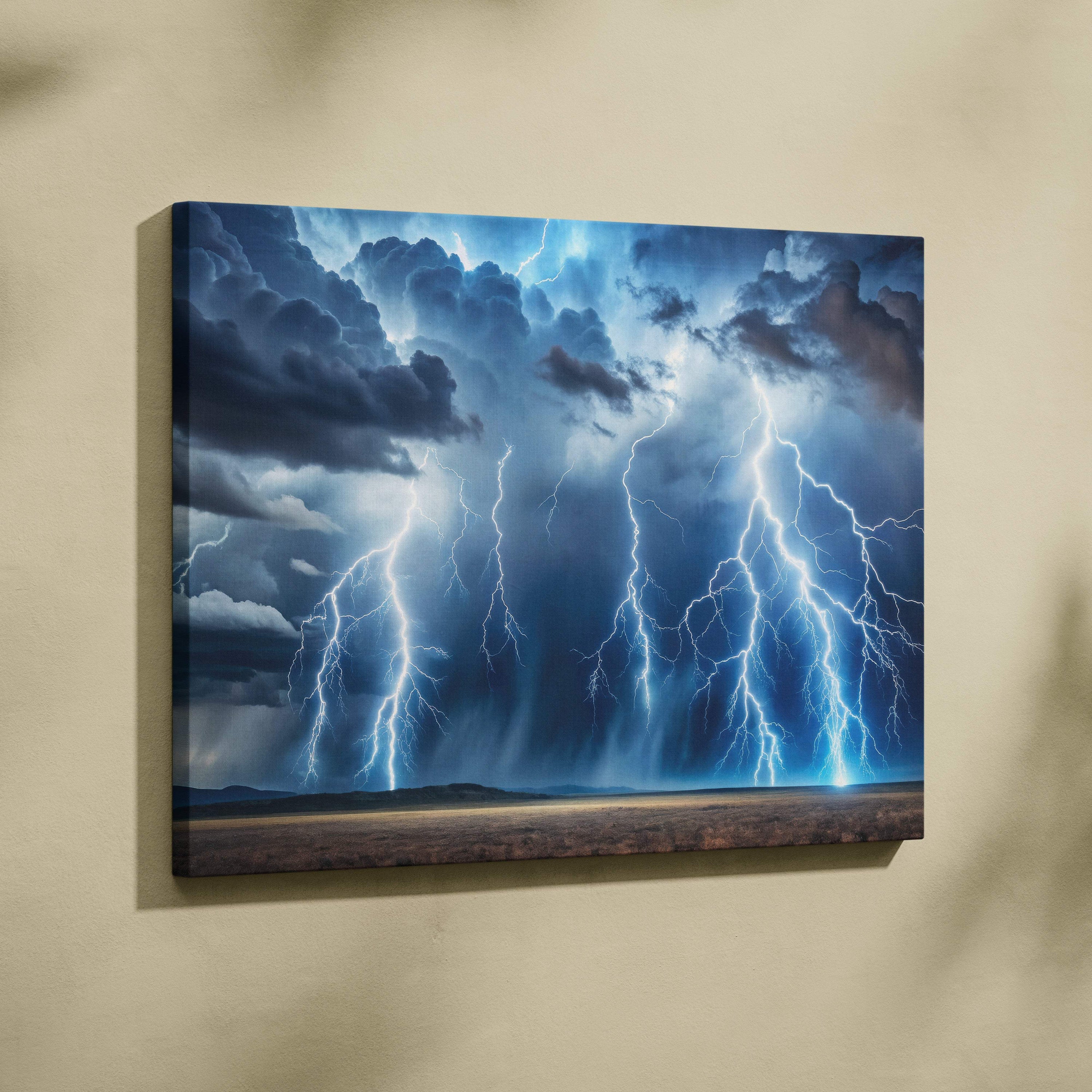 Canvas print of a dramatic thunderstorm featuring electric blue lightning striking dark swirling clouds over a barren landscape