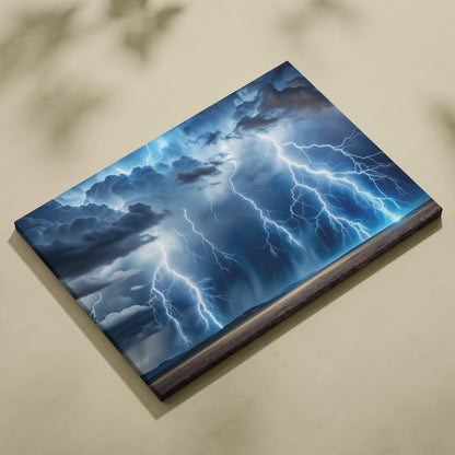 Canvas print featuring multiple electric blue lightning bolts striking through dark dramatic storm clouds in a wide landscape