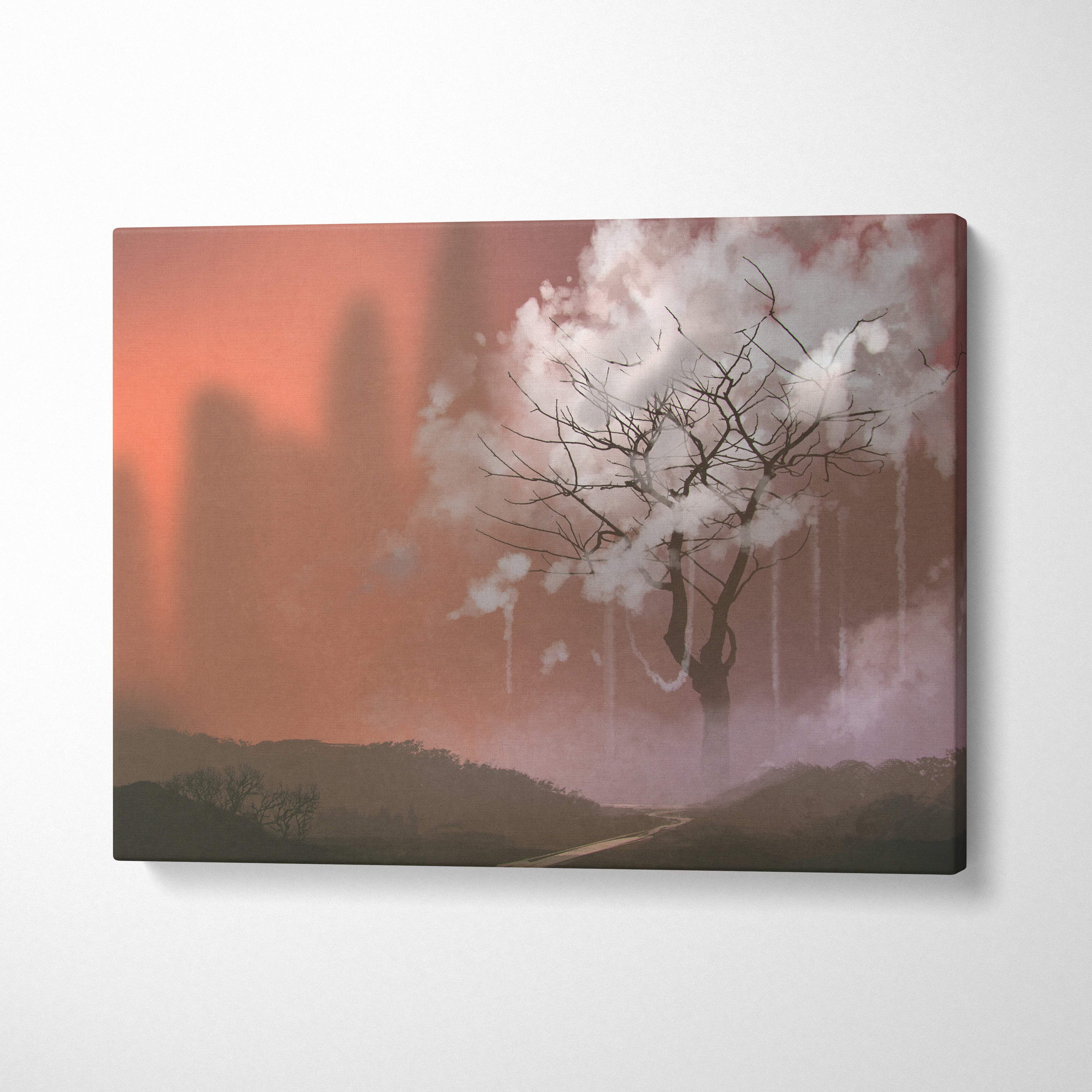 Rectangular canvas print of a solitary leafless tree with white blossoms against an orange moody sky and misty silhouettes