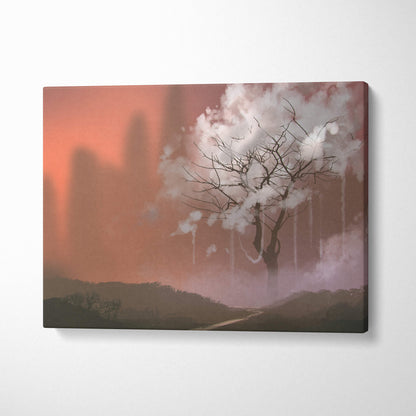 Rectangular canvas print of a solitary leafless tree with white blossoms against an orange moody sky and misty silhouettes