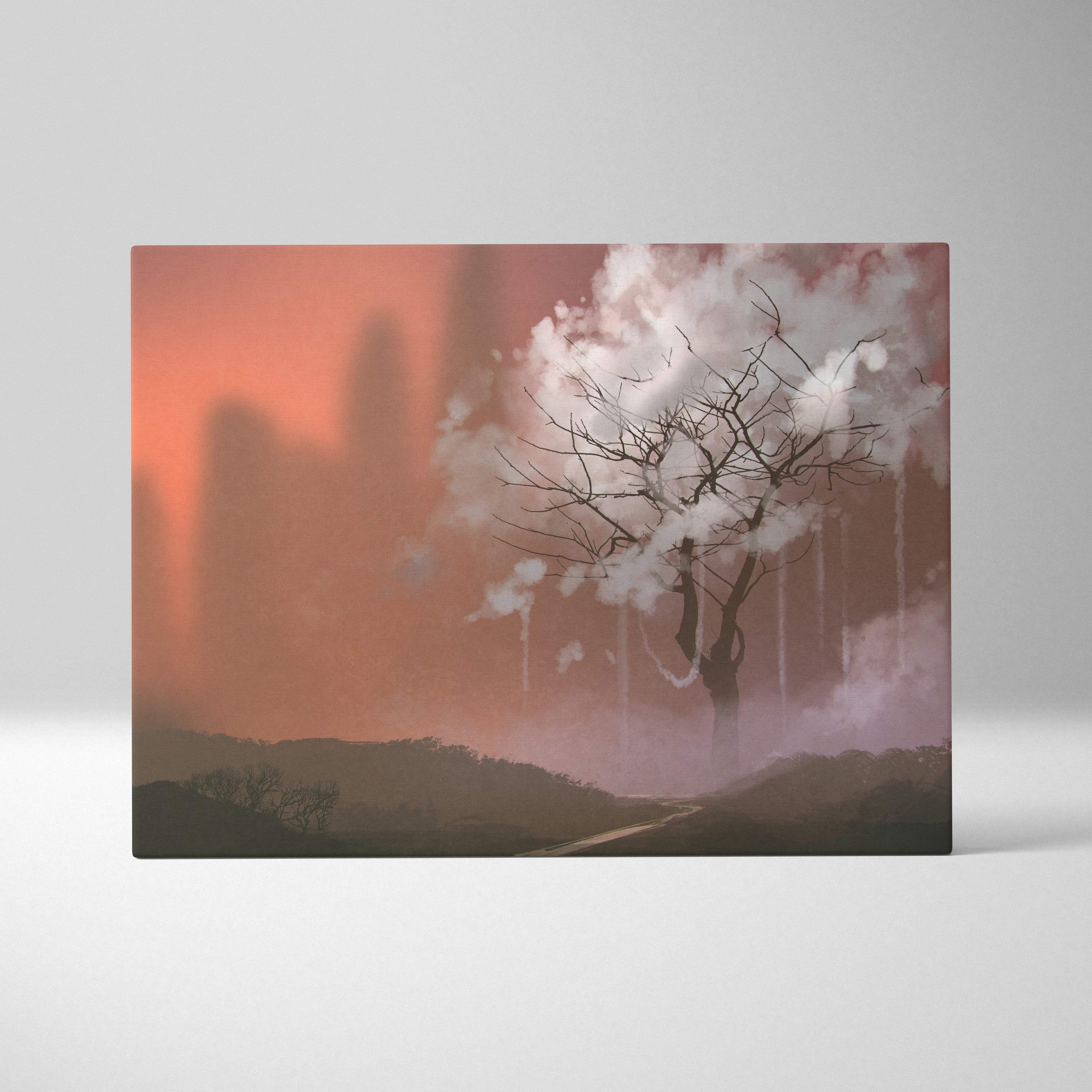 Rectangular canvas wall art featuring a minimalist surreal tree with white blossoms against an orange city skyline background