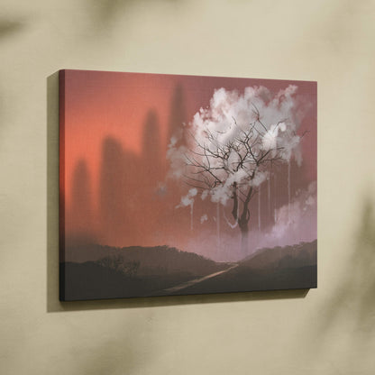 Rectangular canvas print of a surreal foggy tree with bare branches and white blossoms on a deep red and purple background