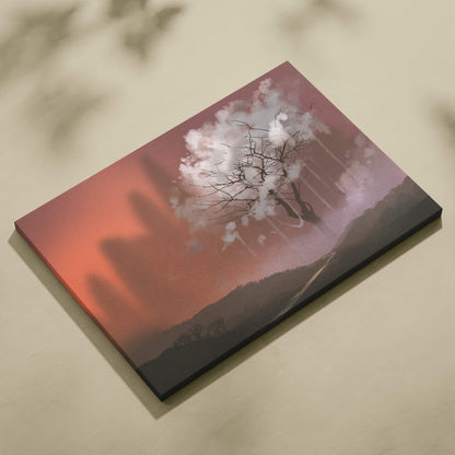 Rectangular canvas wall art of a stylized white blossom tree against an orange and pink gradient sky minimalist dreamscape