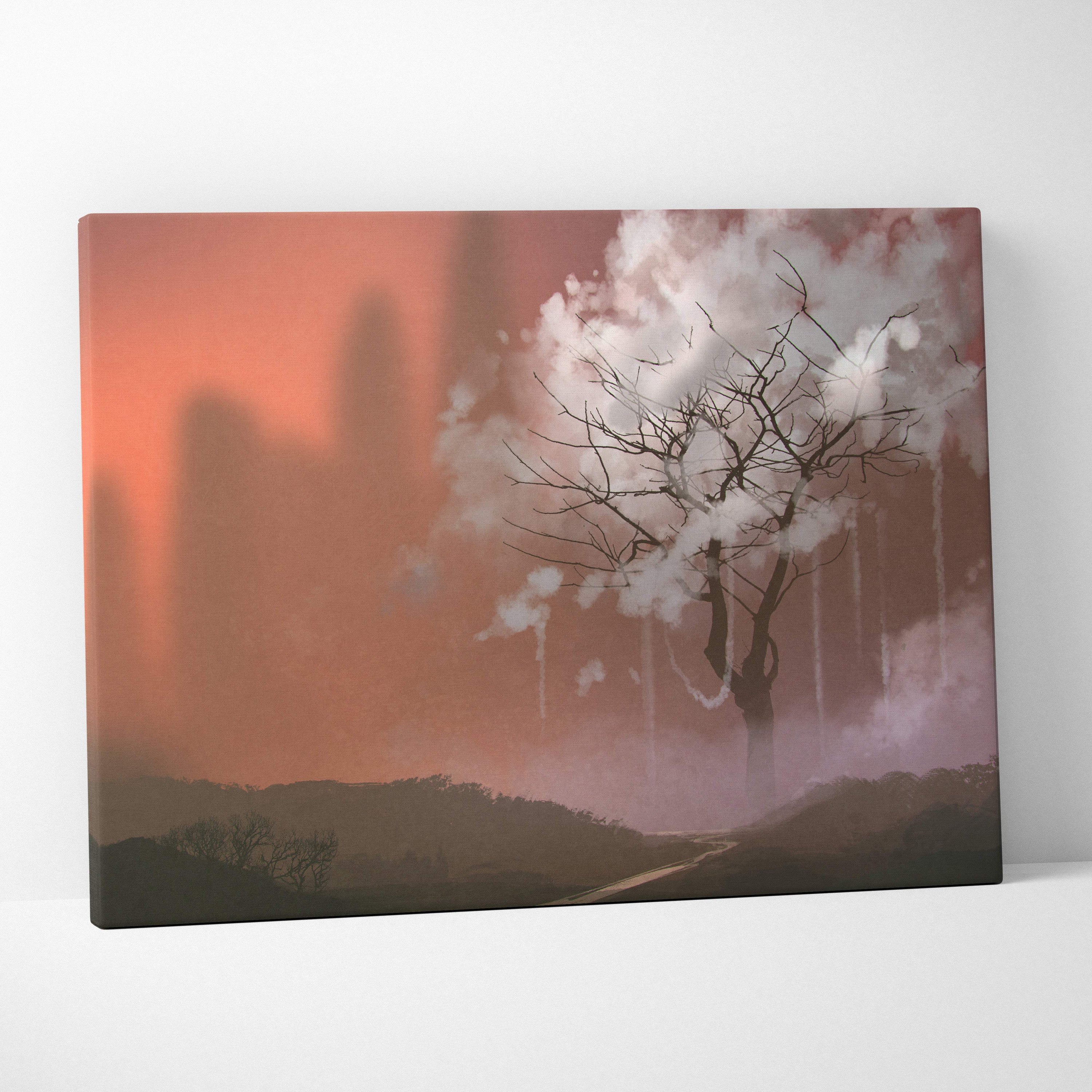 Rectangular canvas wall art of a solitary tree with white blossoms against an orange sky and blurred city silhouettes