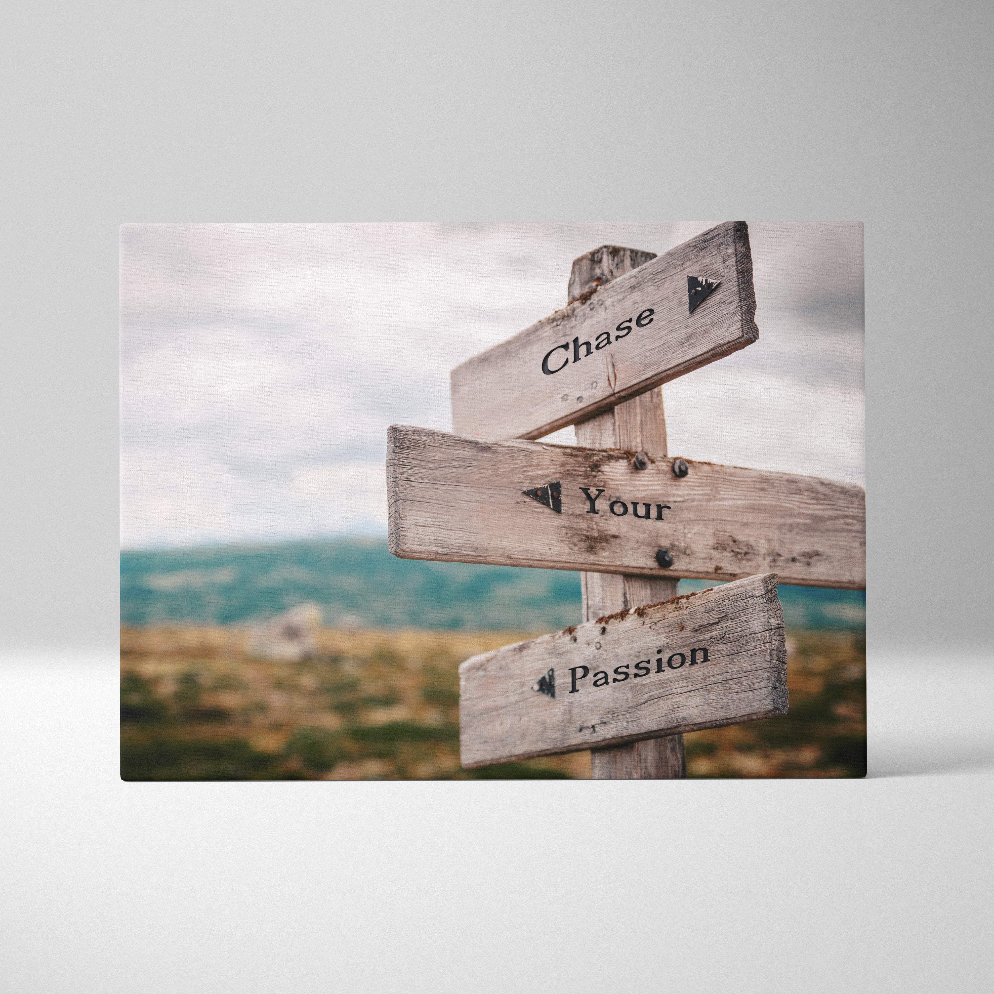 Weathered wooden signpost with three rustic grayish brown directional signs reading chase your passion on canvas artwork