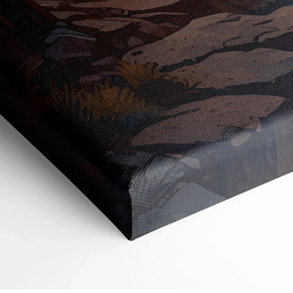 Close-up of textured canvas wall art print with dark forest watercolor and autumn foliage details.