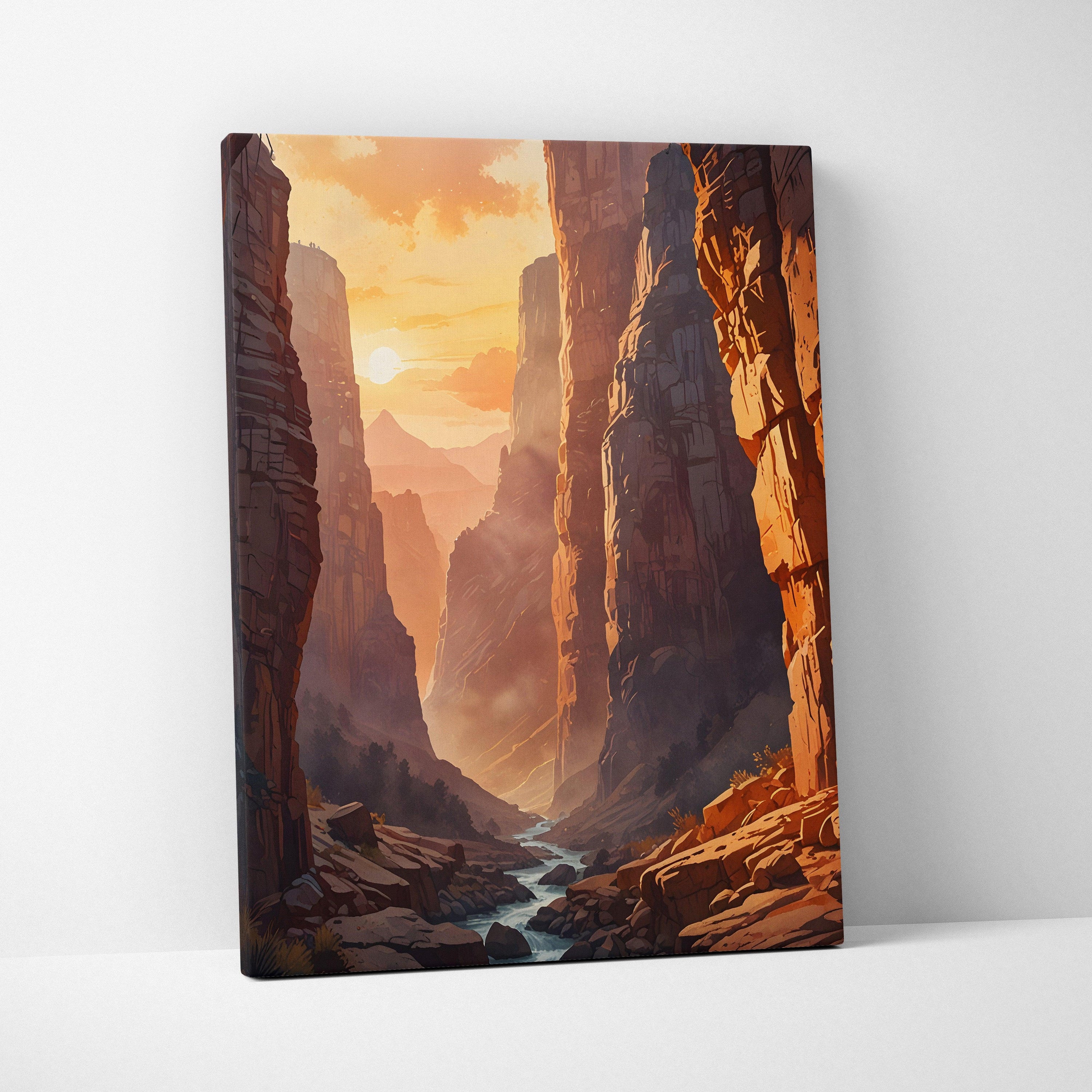 Vertical canvas wall art featuring a warm-toned watercolor canyon landscape with a flowing river at sunset.