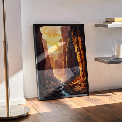 Vertical Rocky Canyon digital illustration poster with warm tones and rugged cliffs wall art.