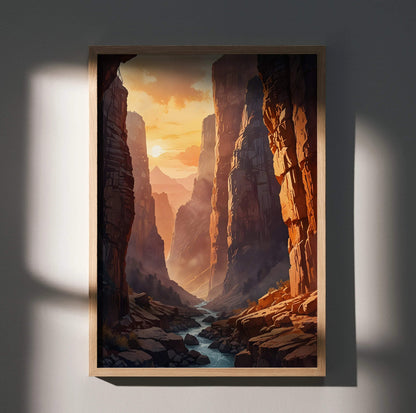 Vertical poster of a vibrant digital nature art canyon scene with warm light and rocky cliffs for wall art.