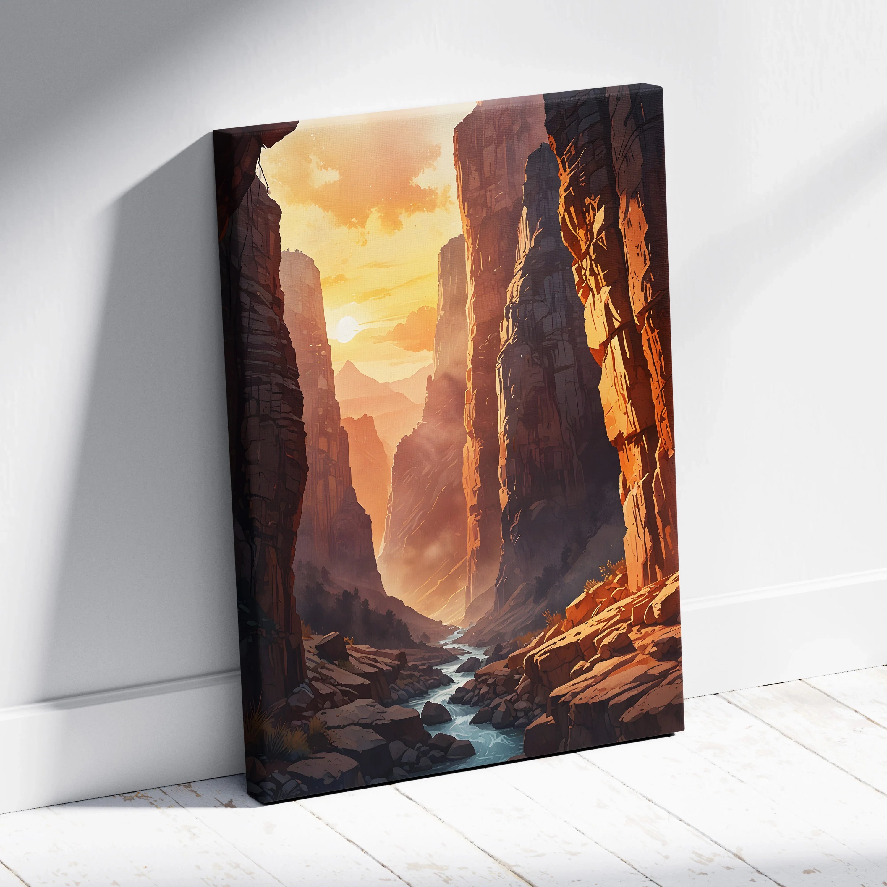 Vertical canvas wall art depicting a glowing canyon landscape with a winding river at sunset.