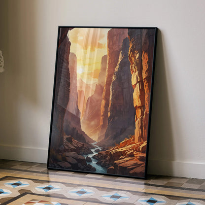 Vertical nature wall art poster of a rocky canyon at sunset with warm orange and brown tones.