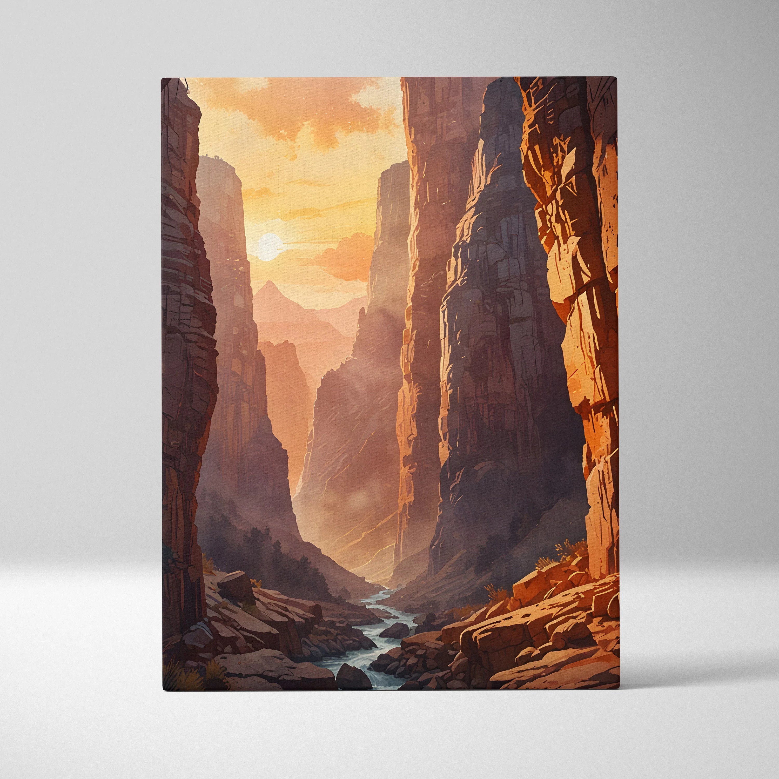 Vertical canvas wall art featuring a serene watercolor canyon landscape with cliffs and a flowing river at sunset.