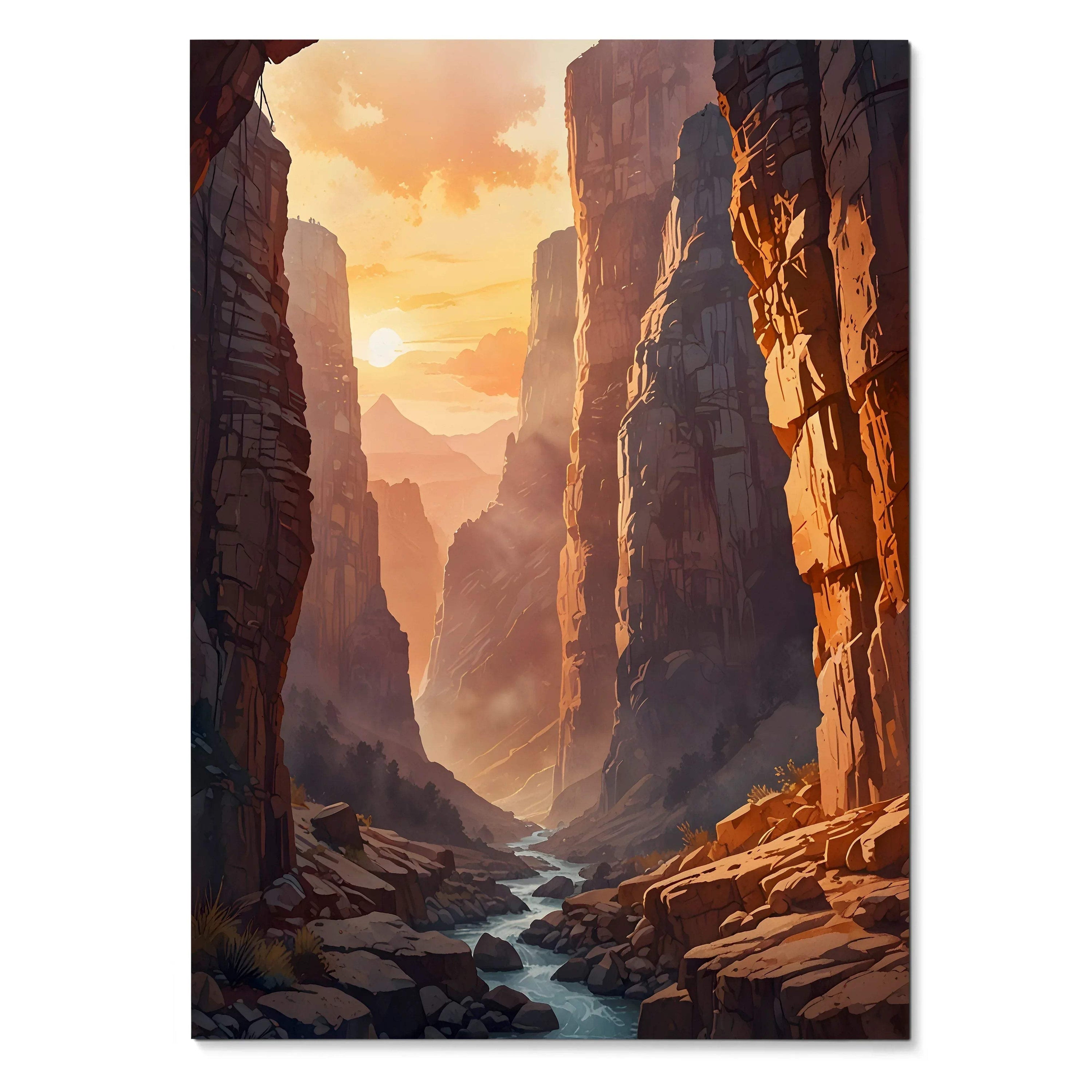 Vertical nature wall art poster featuring a winding river through rocky canyon at sunset.