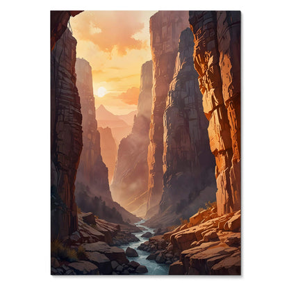 Vertical nature wall art poster featuring a winding river through rocky canyon at sunset.