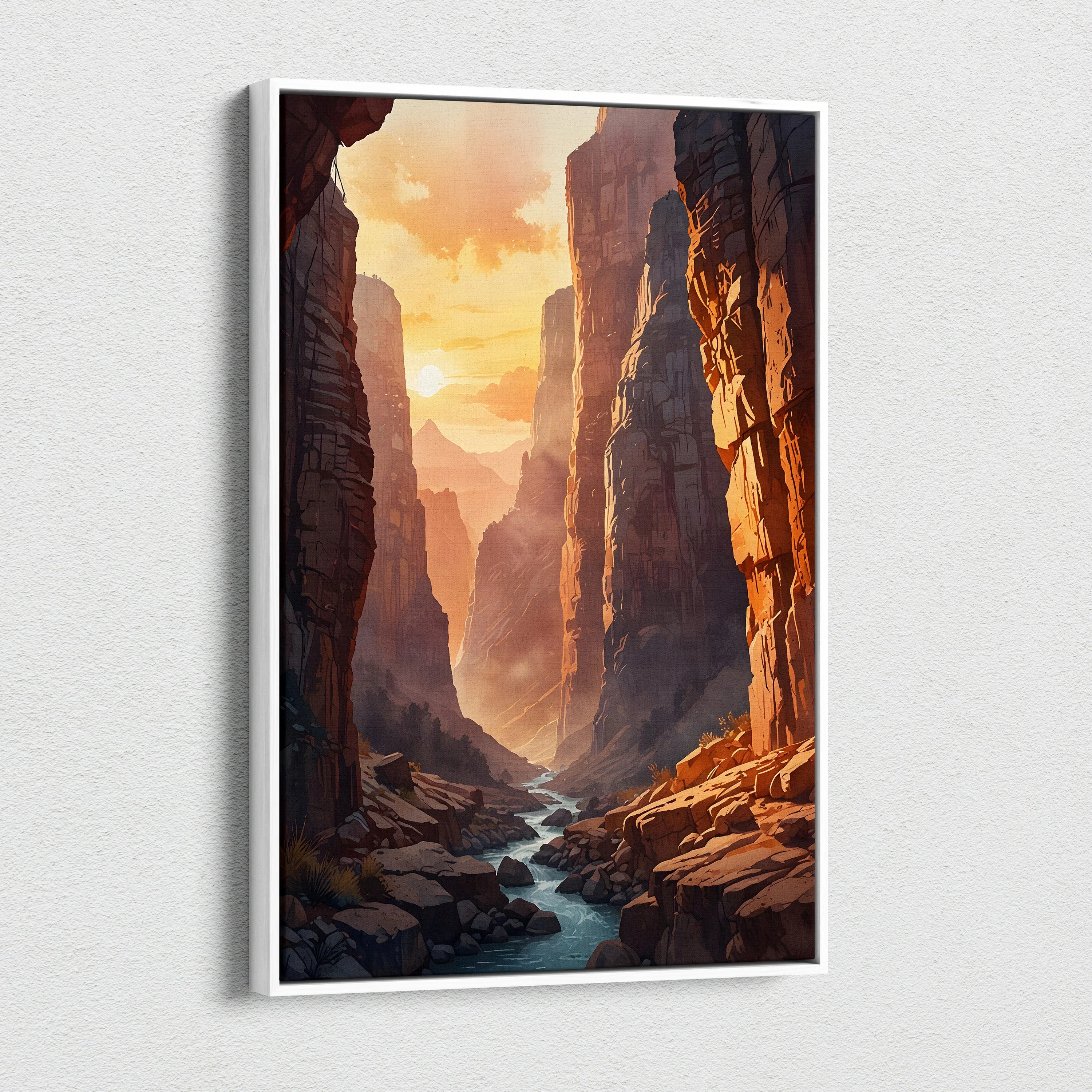 Canvas wall art featuring a watercolor forest canyon scene with warm autumn light and a flowing stream.