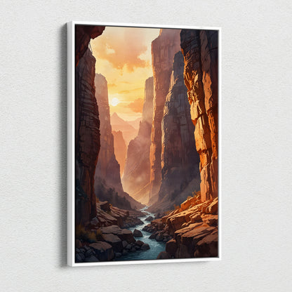 Canvas wall art featuring a watercolor forest canyon scene with warm autumn light and a flowing stream.