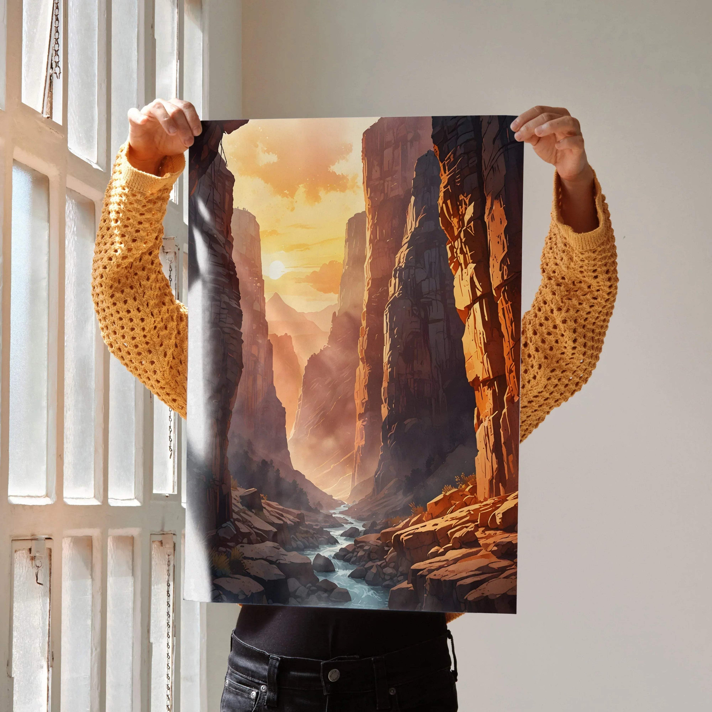 Vertical poster of rocky canyon with glowing sunset river, digital nature wall art.