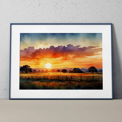 Vibrant sunset watercolor poster featuring glowing sun, colorful sky, and silhouetted trees as wall art.