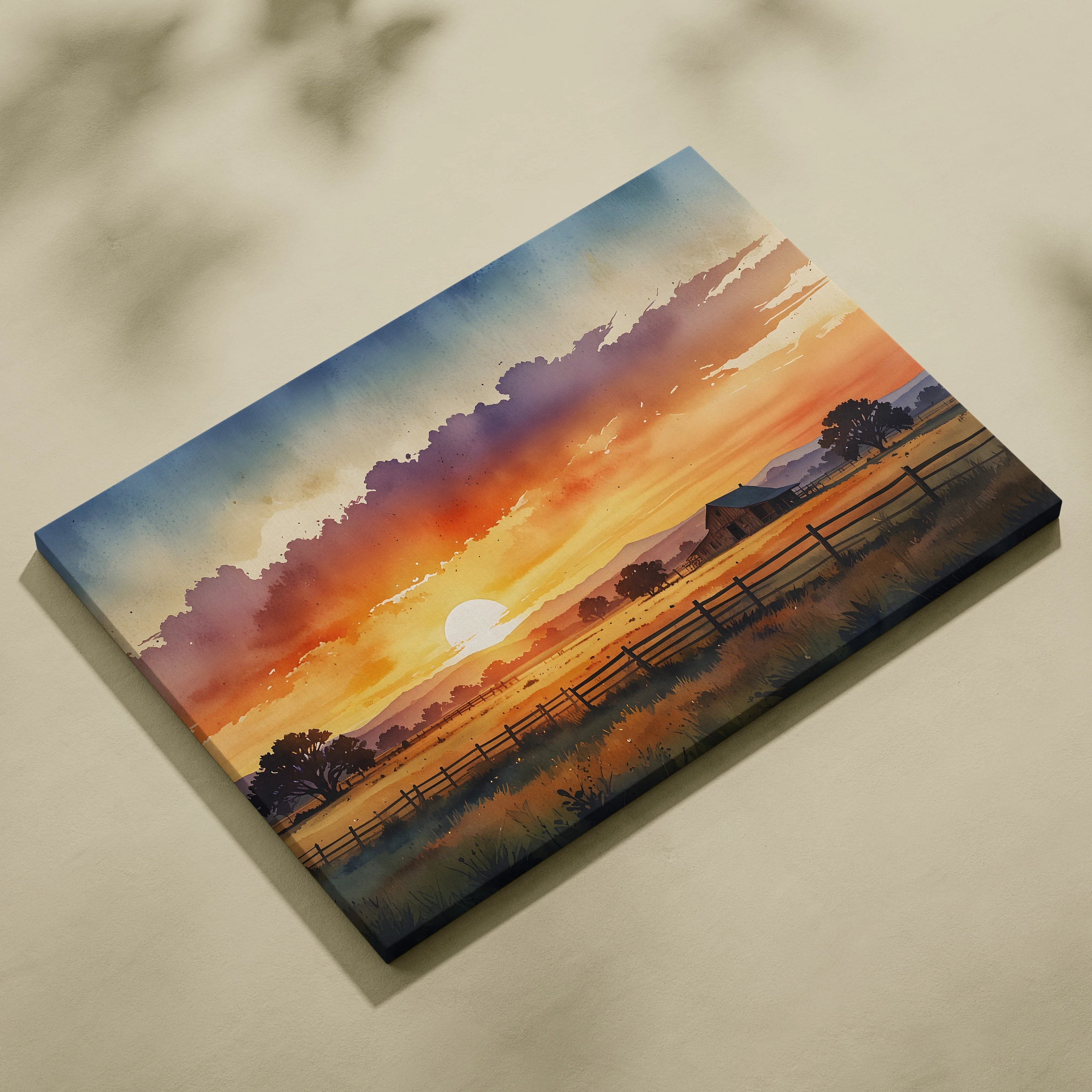 Sunset watercolor art on canvas featuring glowing sun, vibrant sky, and silhouetted fence wall art.