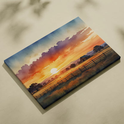 Sunset watercolor art on canvas featuring glowing sun, vibrant sky, and silhouetted fence wall art.