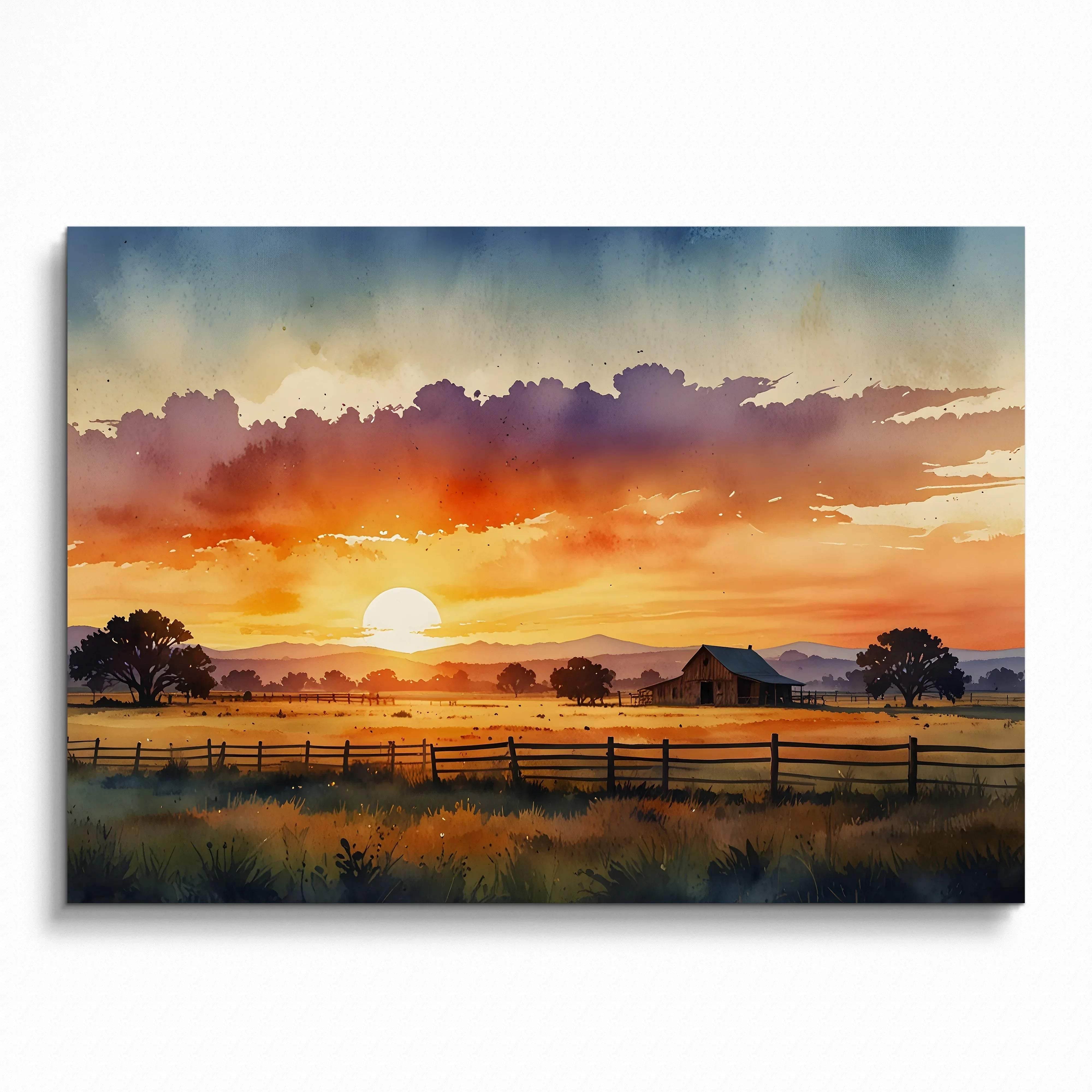 Vibrant sunset watercolor poster depicting a glowing sun over rolling fields with silhouetted trees and a rustic fence wall.