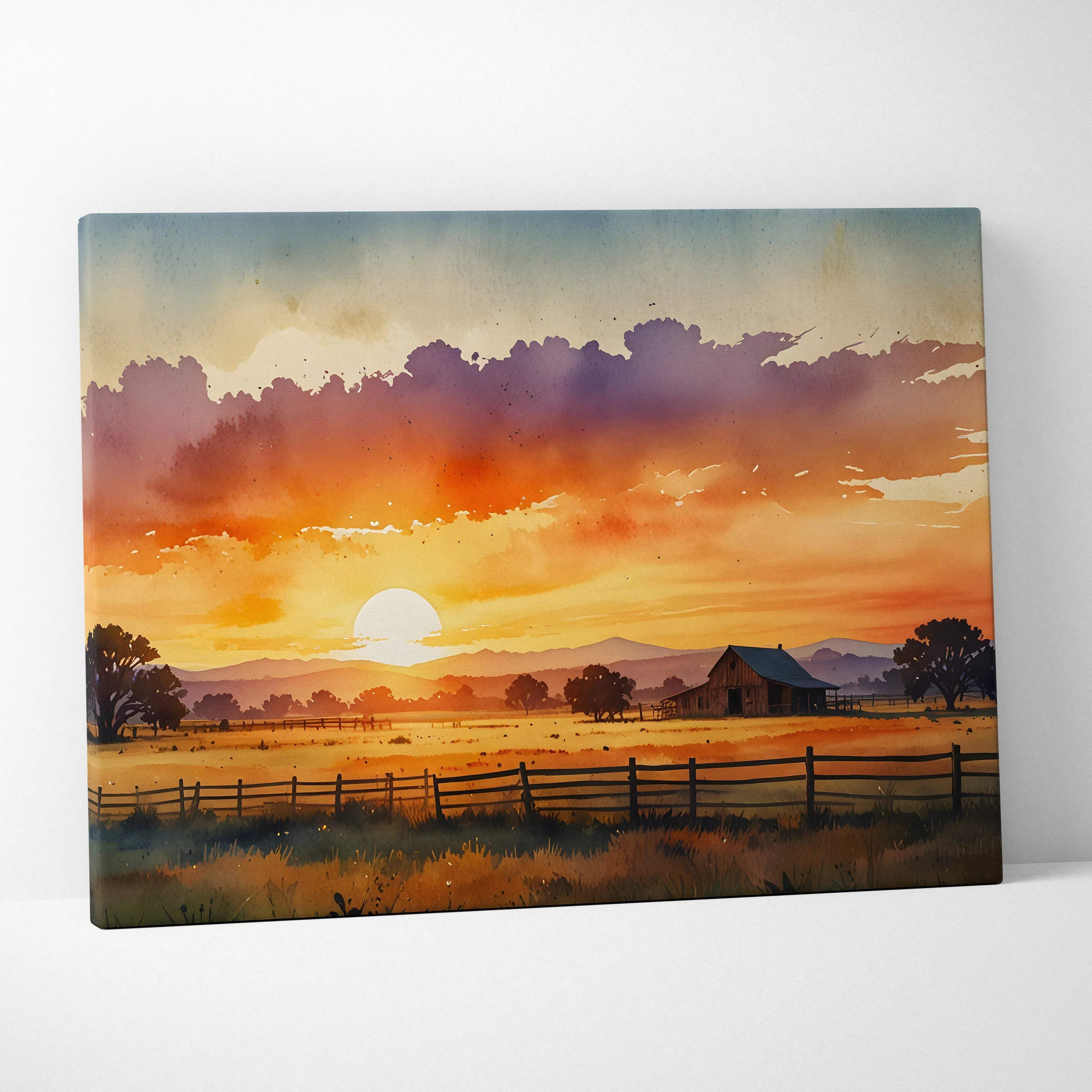 Rectangular canvas print of a watercolor sunset landscape with warm orange purple skies rural barn and mountains