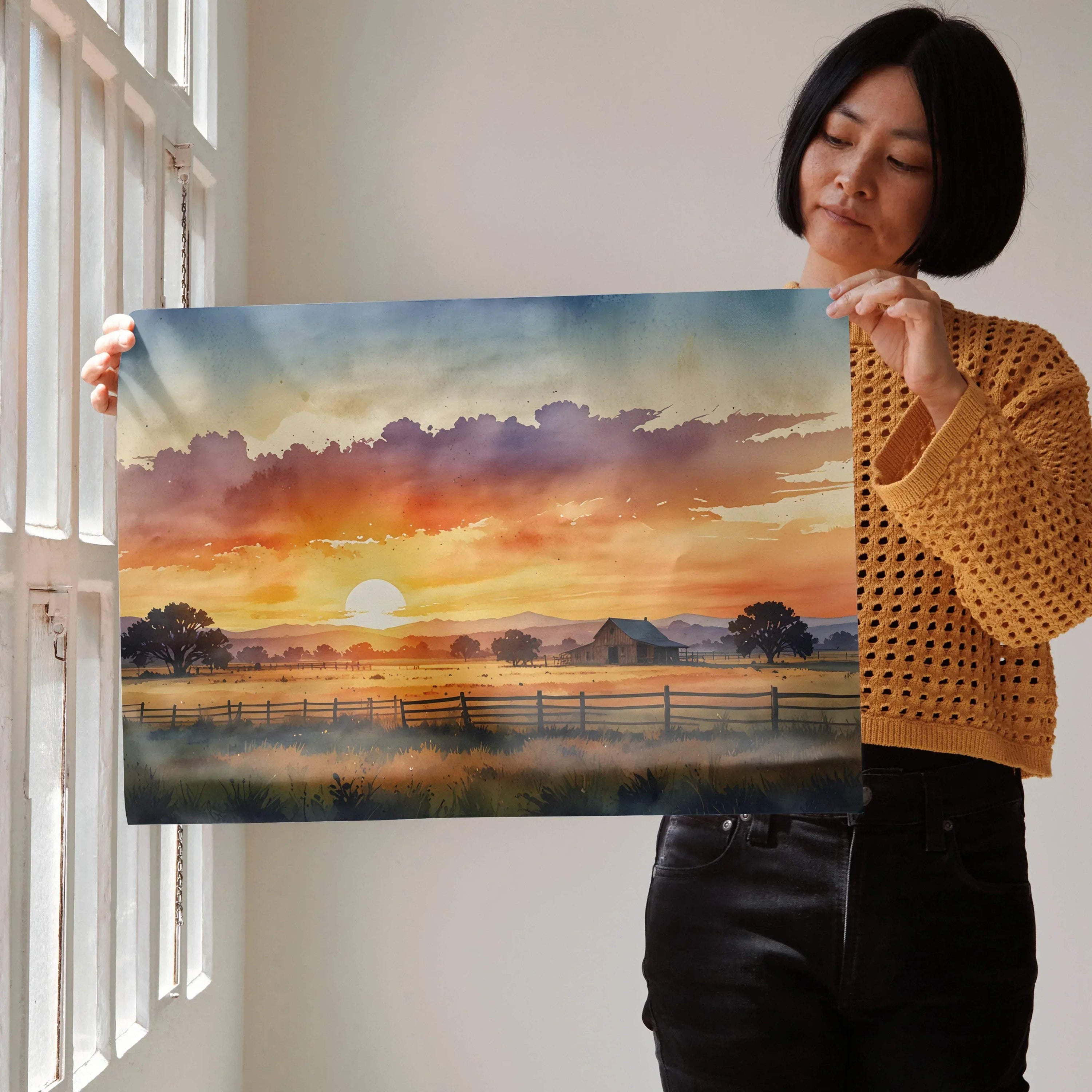 Vibrant sunset watercolor poster with colorful sky and countryside landscape wall art.