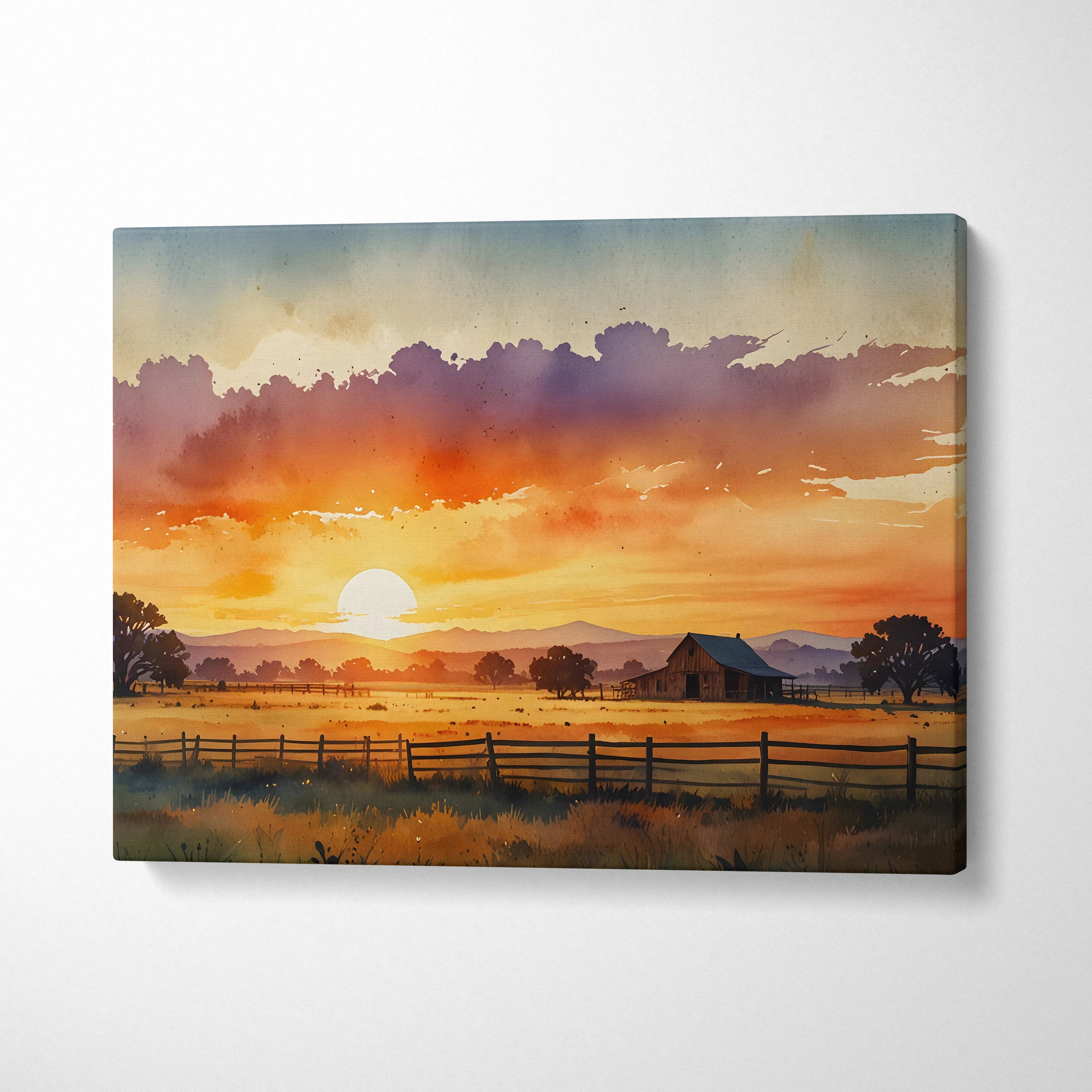 Sunset watercolor style nature scene on canvas wall art with warm orange and purple sky tones.