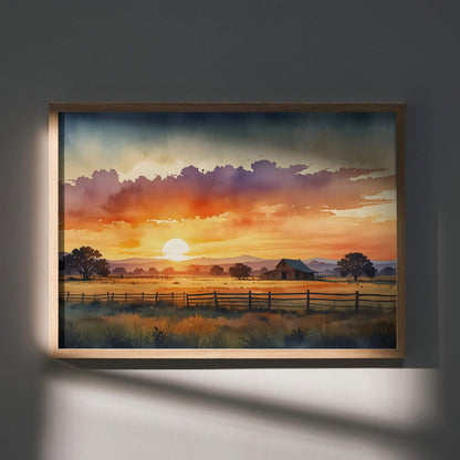 Sunset watercolor poster with vibrant orange and purple sky over countryside fence and trees wall art.