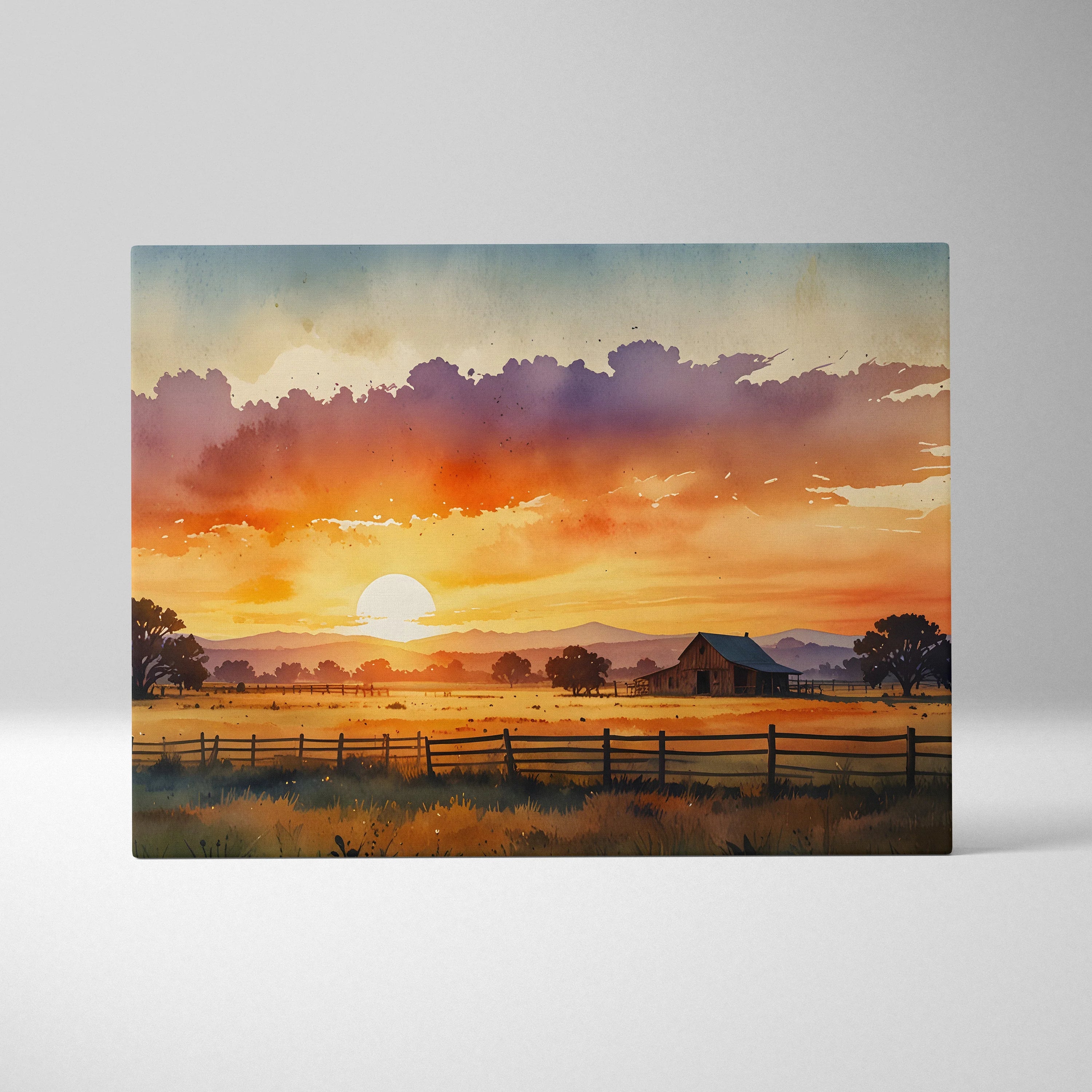 Sunset watercolor digital art canvas featuring vibrant sky and rural fence wall art.