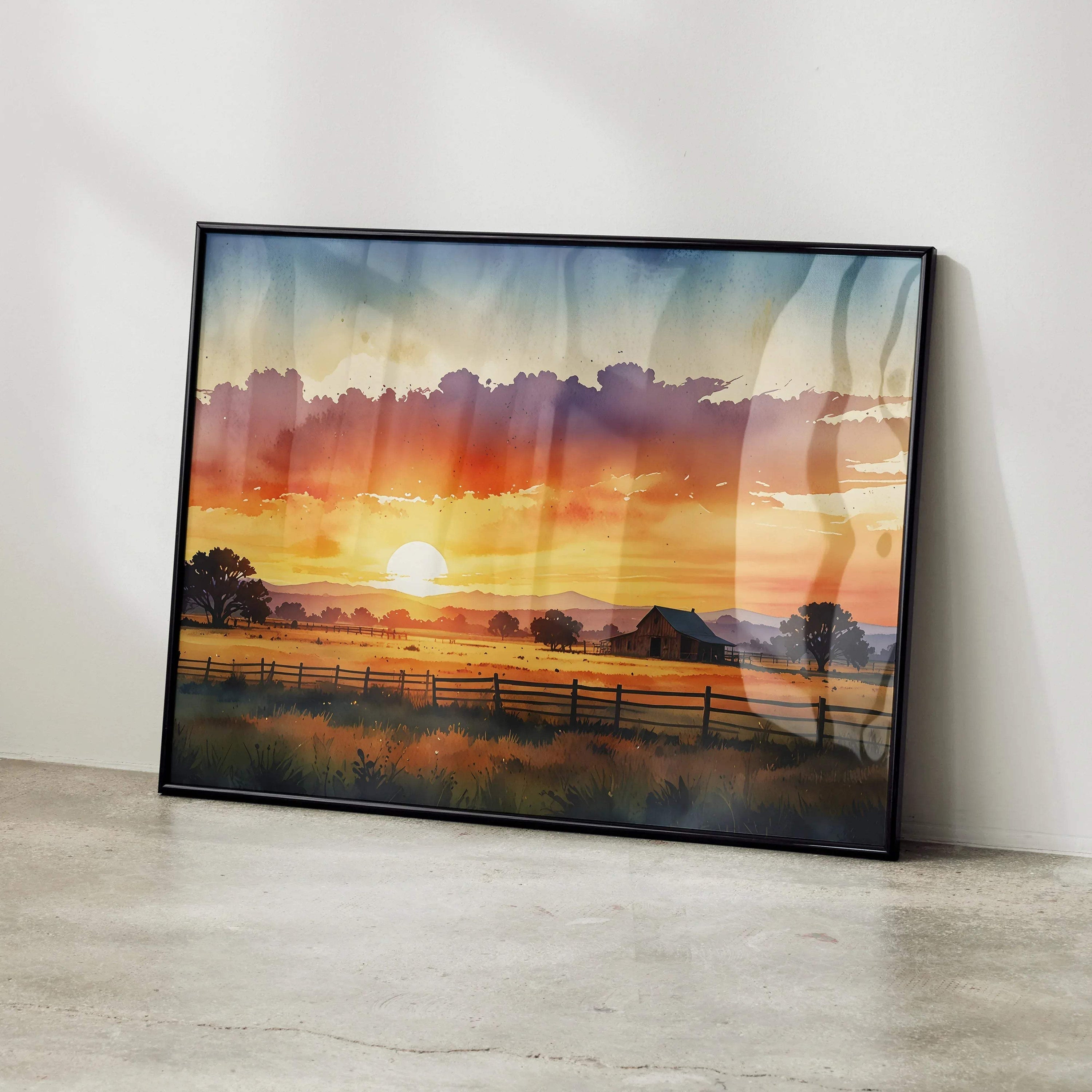 Vibrant sunset watercolor poster with warm orange and purple hues, rural landscape wall art.