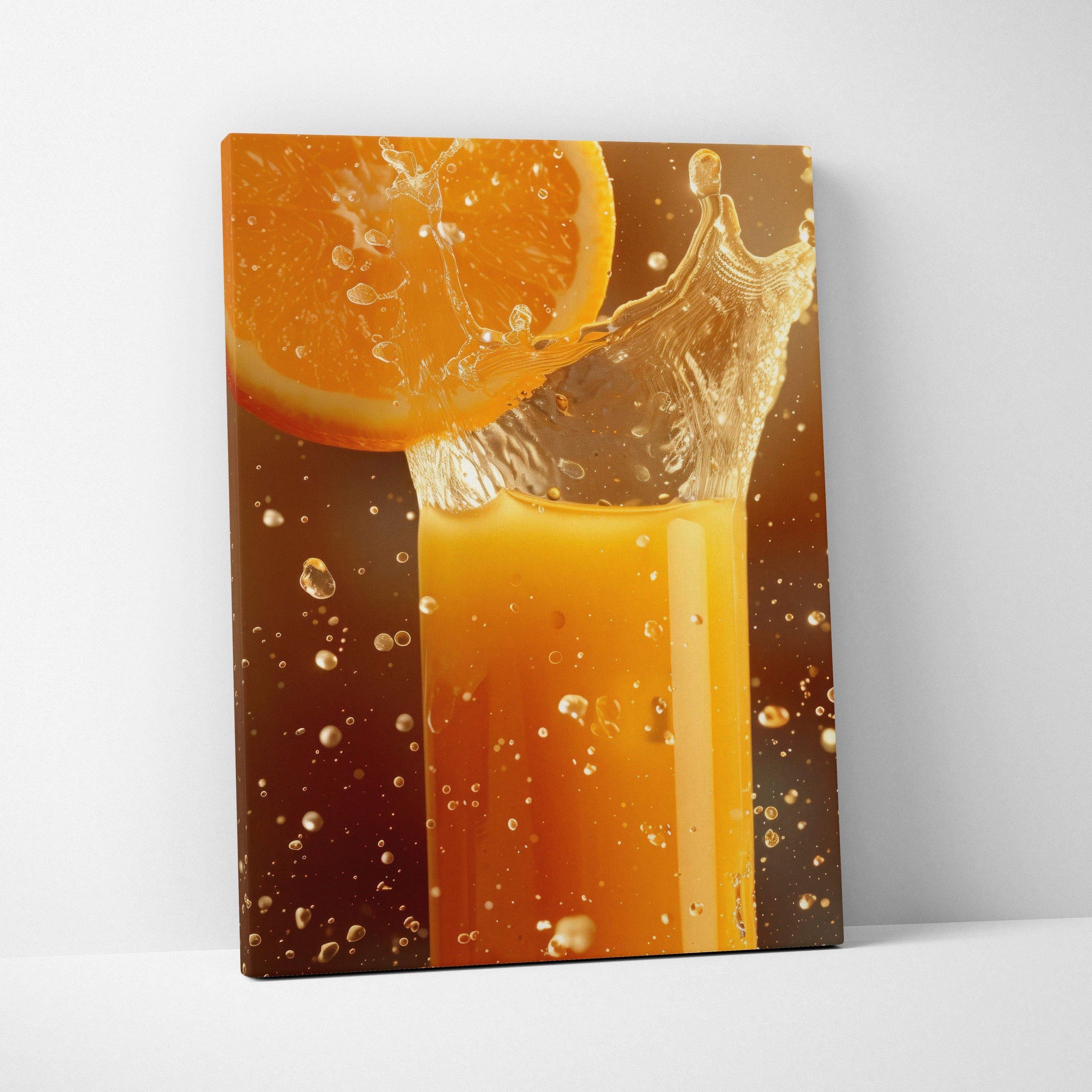 Canvas wall art featuring vibrant orange slice splashing into glass of orange juice with water droplets.