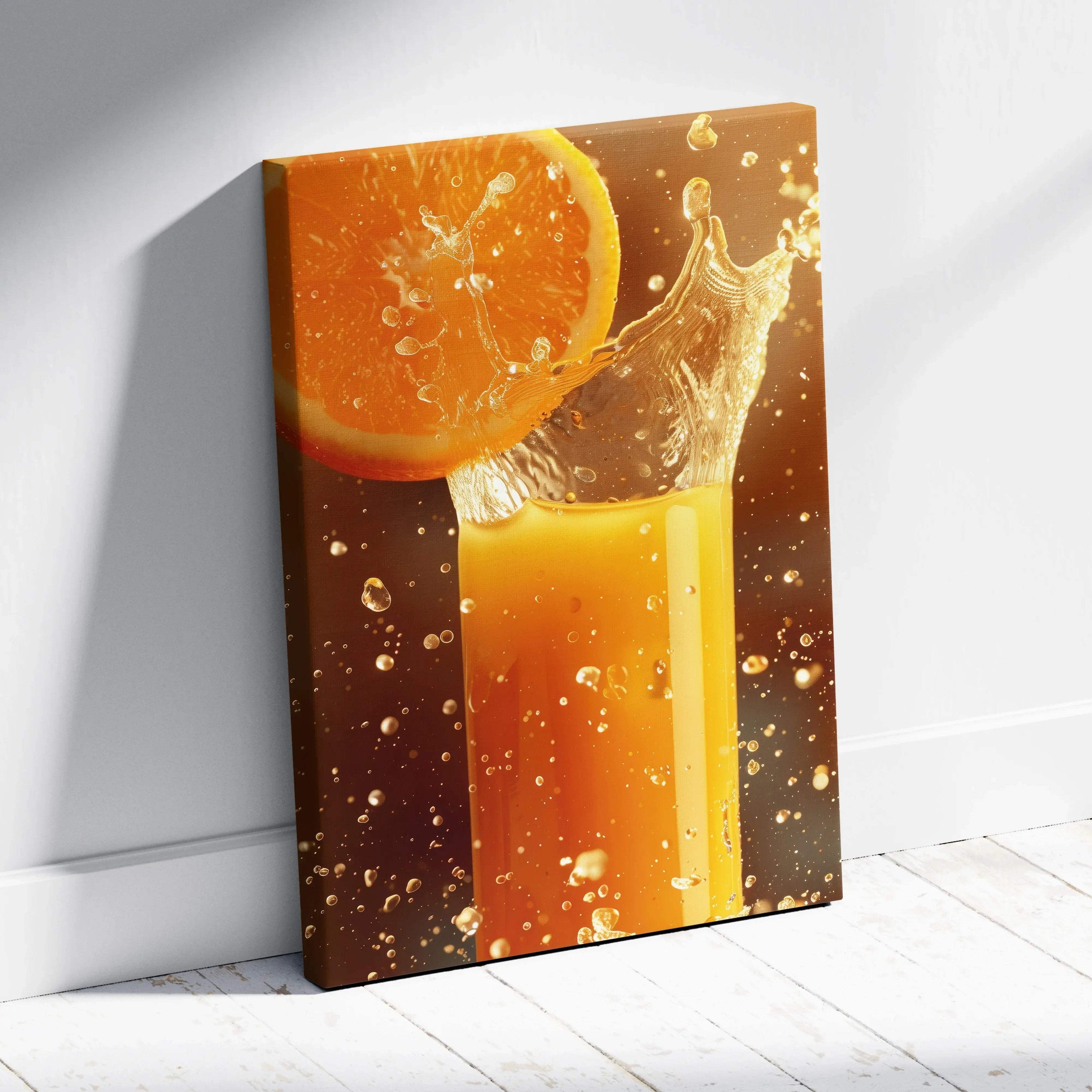Canvas wall art featuring vibrant orange juice splash with a fresh orange slice on a warm background.