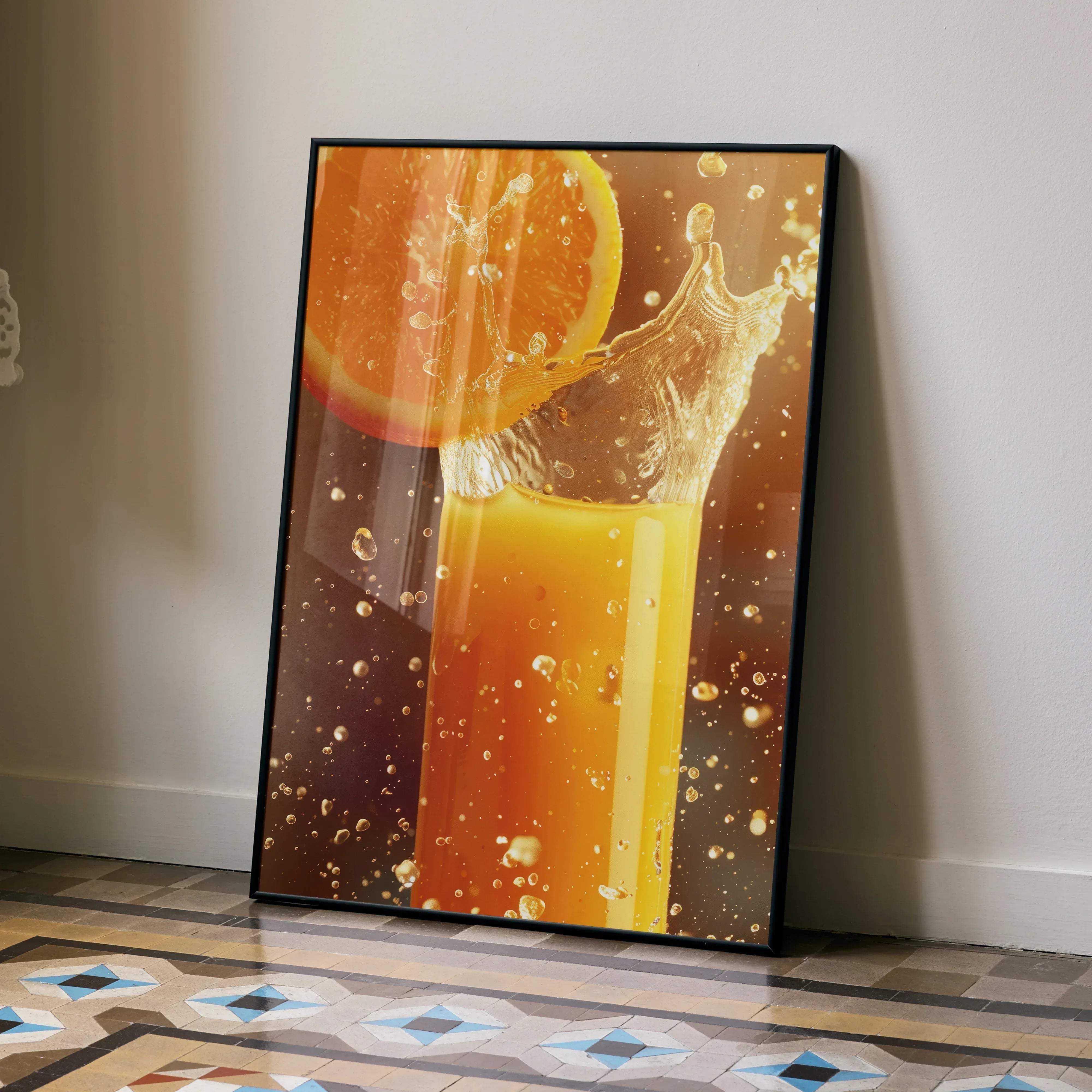 Vibrant nature fresh food wall art poster with a glossy orange juice splash print in a sleek black frame vertical design