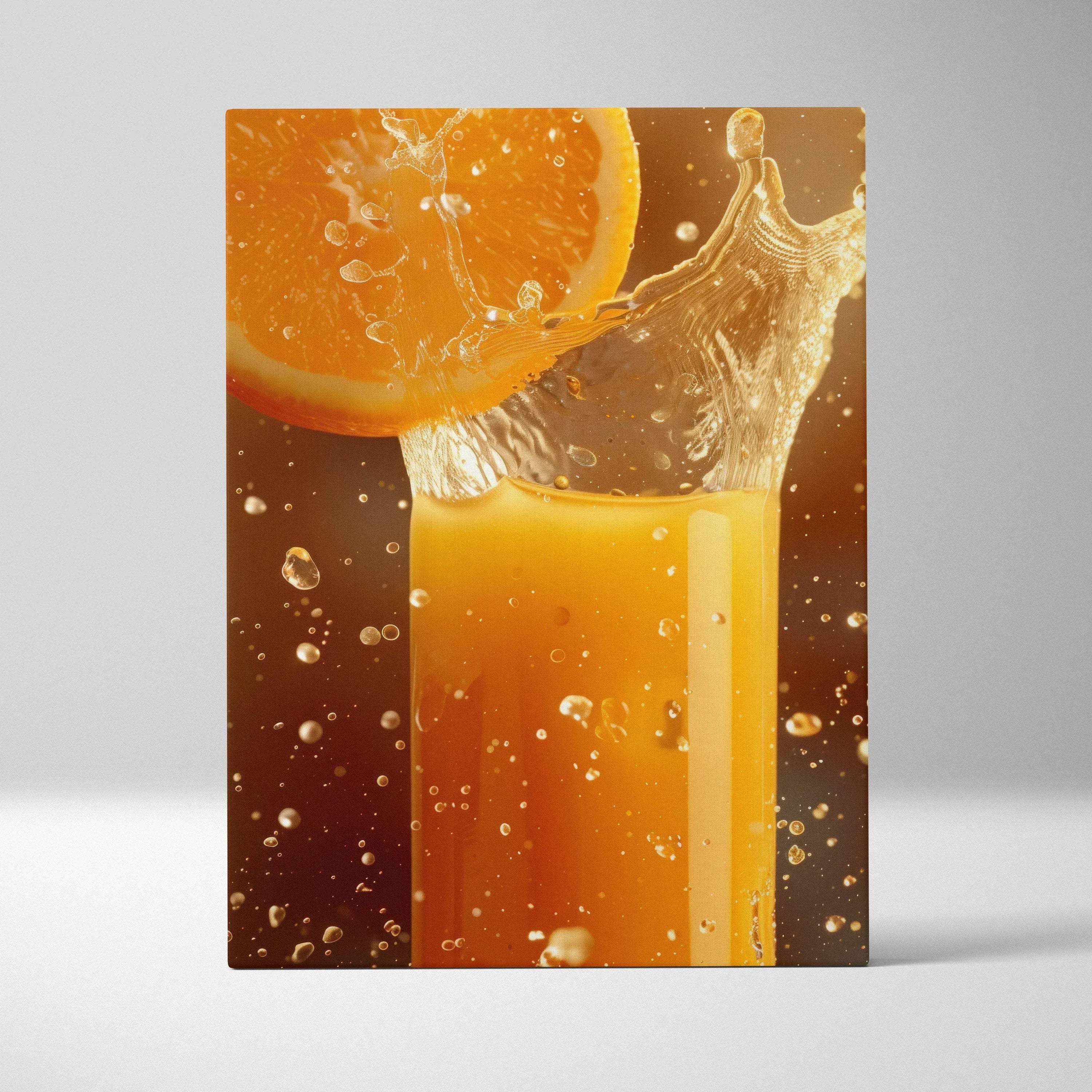 Canvas wall art featuring vibrant orange slice splashing into a glass of orange juice with dynamic water droplets.