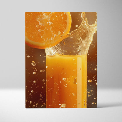 Canvas wall art featuring vibrant orange slice splashing into a glass of orange juice with dynamic water droplets.