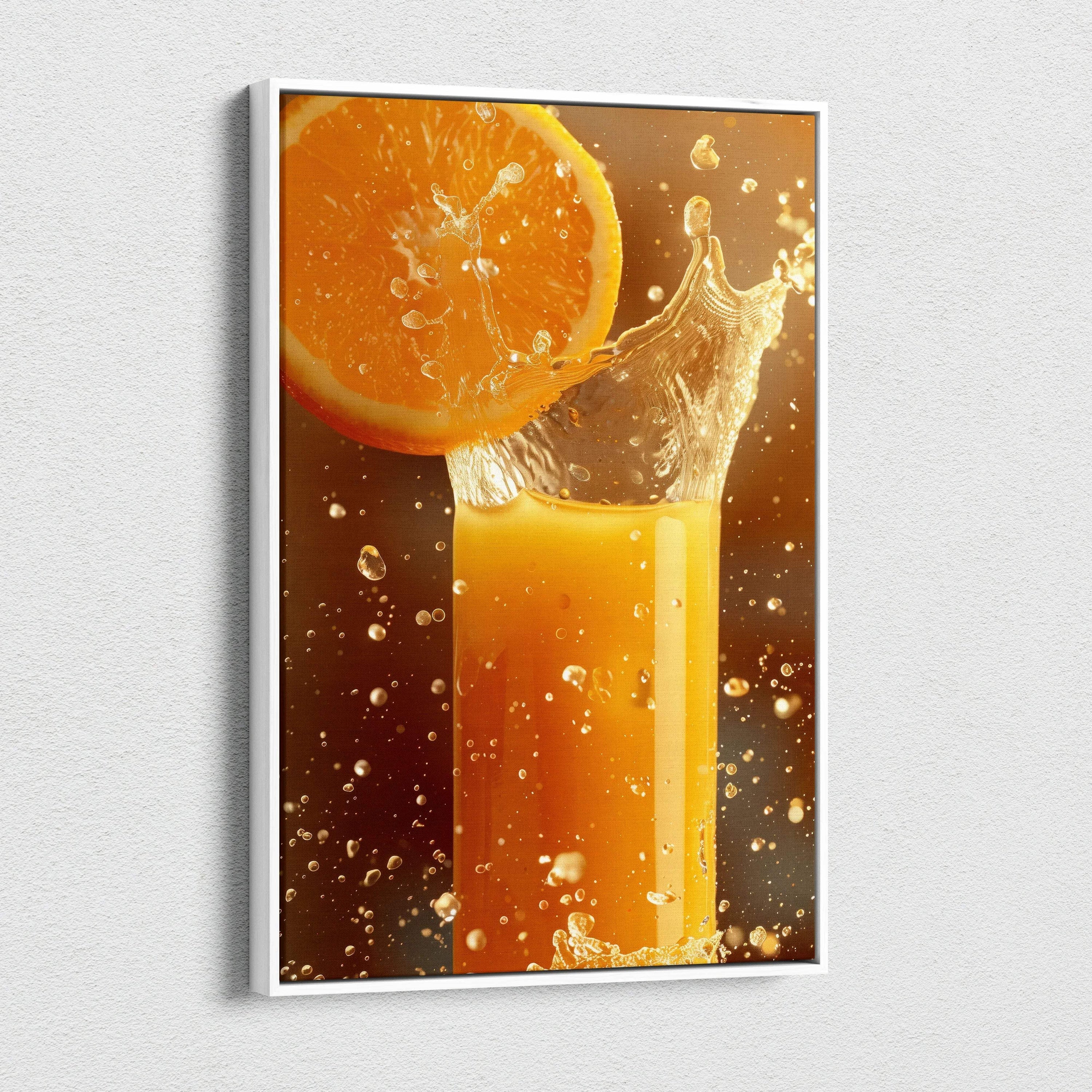 Canvas wall art featuring vibrant orange slice splashing into glass of orange juice.