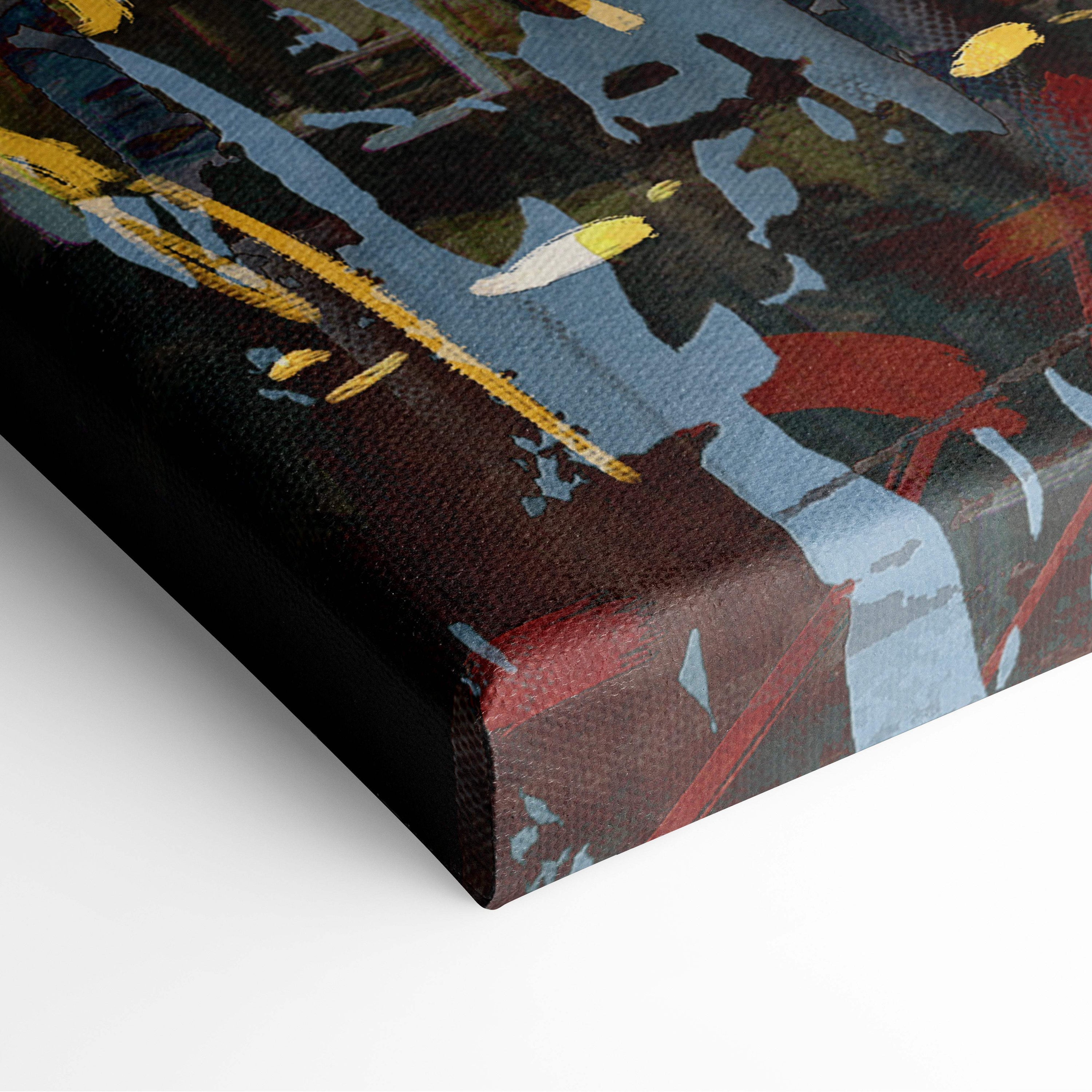 Abstract city lights painting style canvas print with bold blue yellow red and black strokes on textured fabric surface