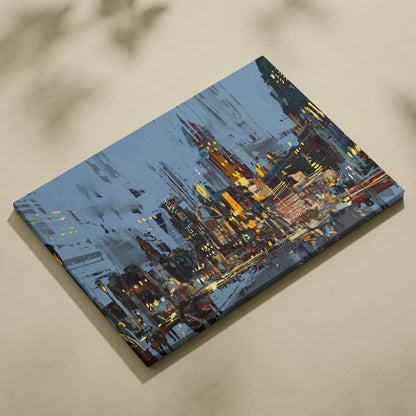 Abstract city lights painting style wall art with bold blue yellow and orange strokes on stretched canvas urban nightscape