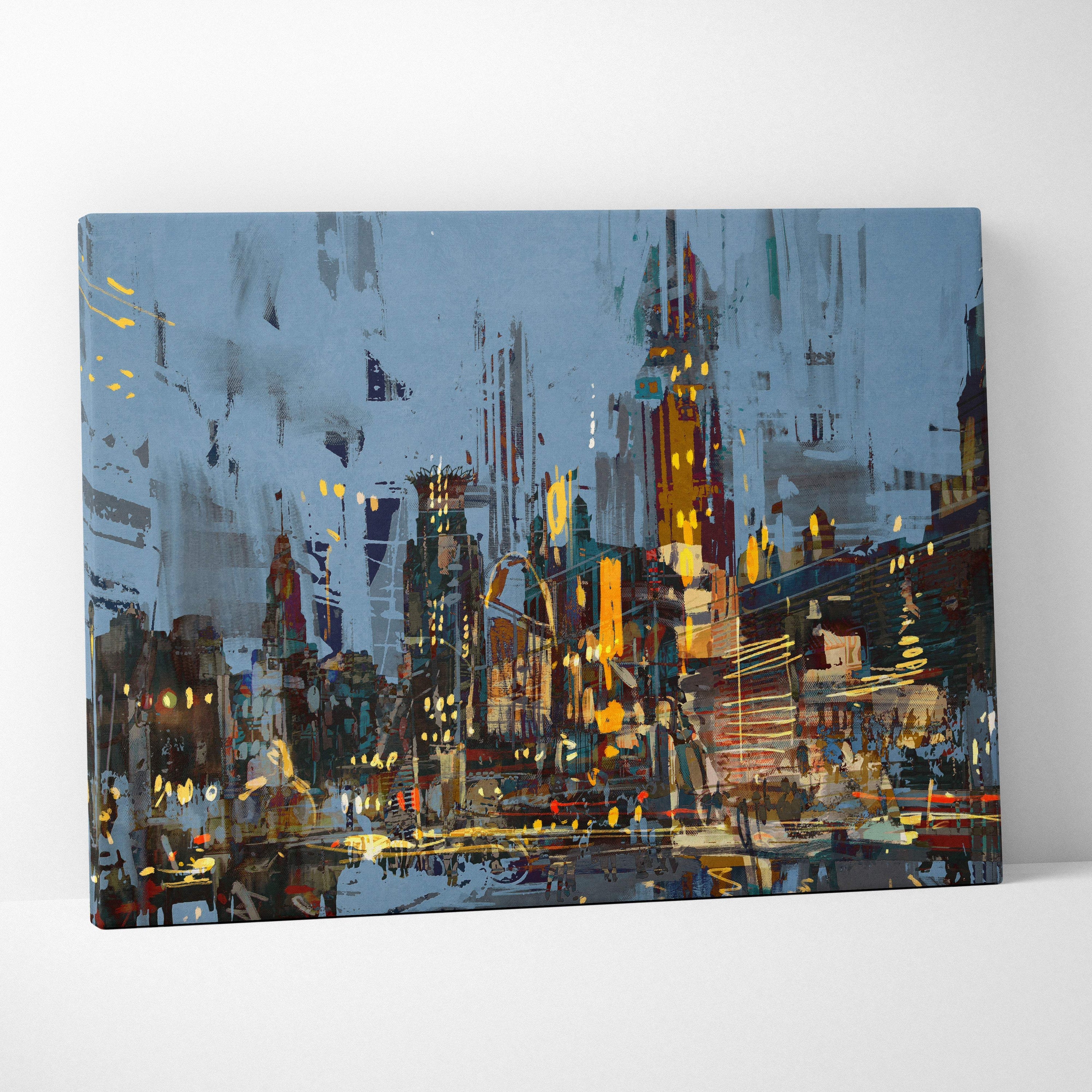 Abstract city lights painting style wall art featuring bold blue yellow and gray strokes of illuminated skyscrapers on canvas