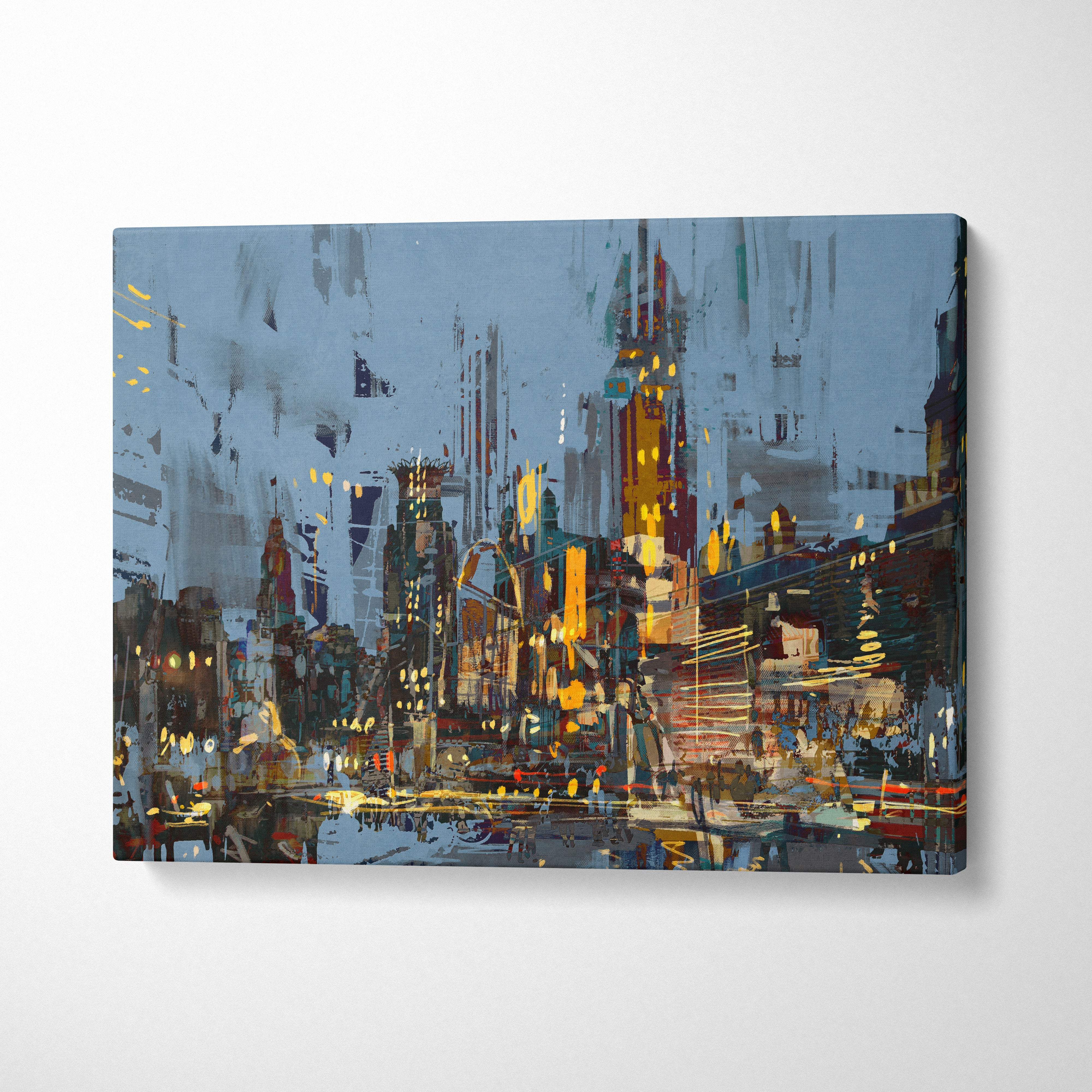 Abstract city lights painting style wall art with bold brushstrokes in blue yellow and red on metropolitan canvas print