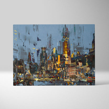 Abstract city lights painting style wall art with bold blue yellow and gray strokes showing illuminated urban skyline at twilight