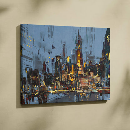 Abstract city lights painting style wall art with bold blue gray and warm yellow strokes on stretched canvas