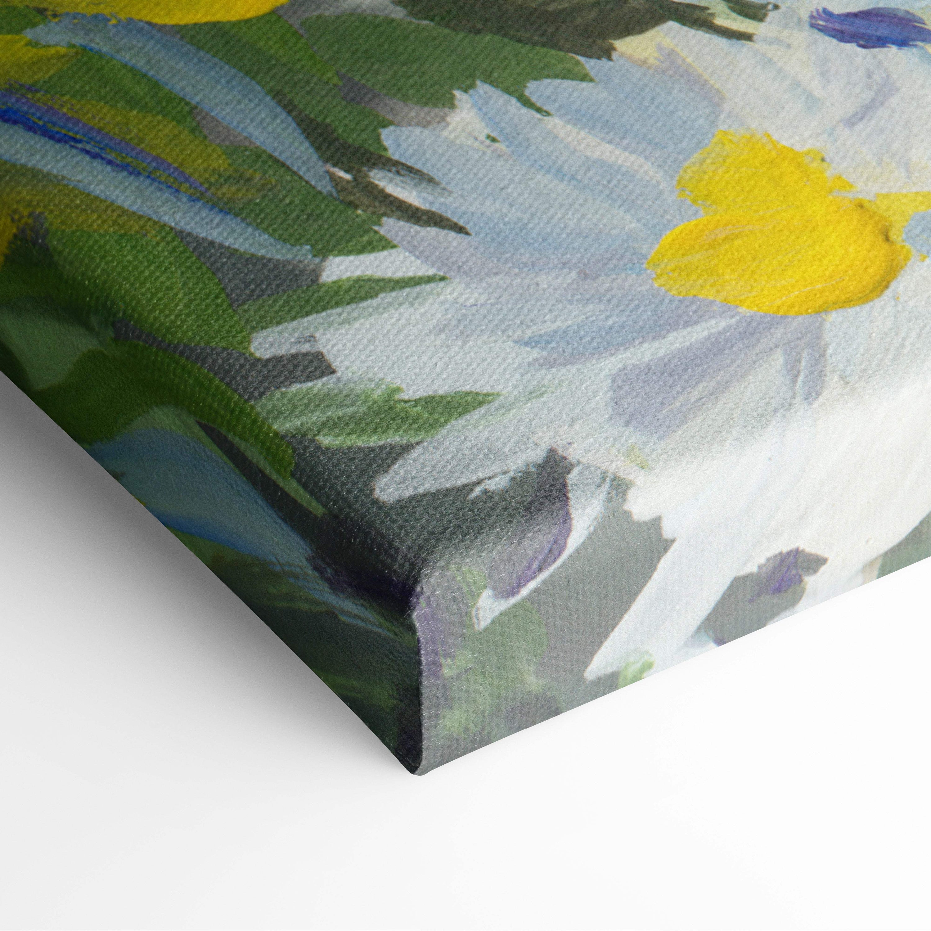 White daisy flower canvas print featuring a vibrant impressionistic painting of daisies with green foliage
