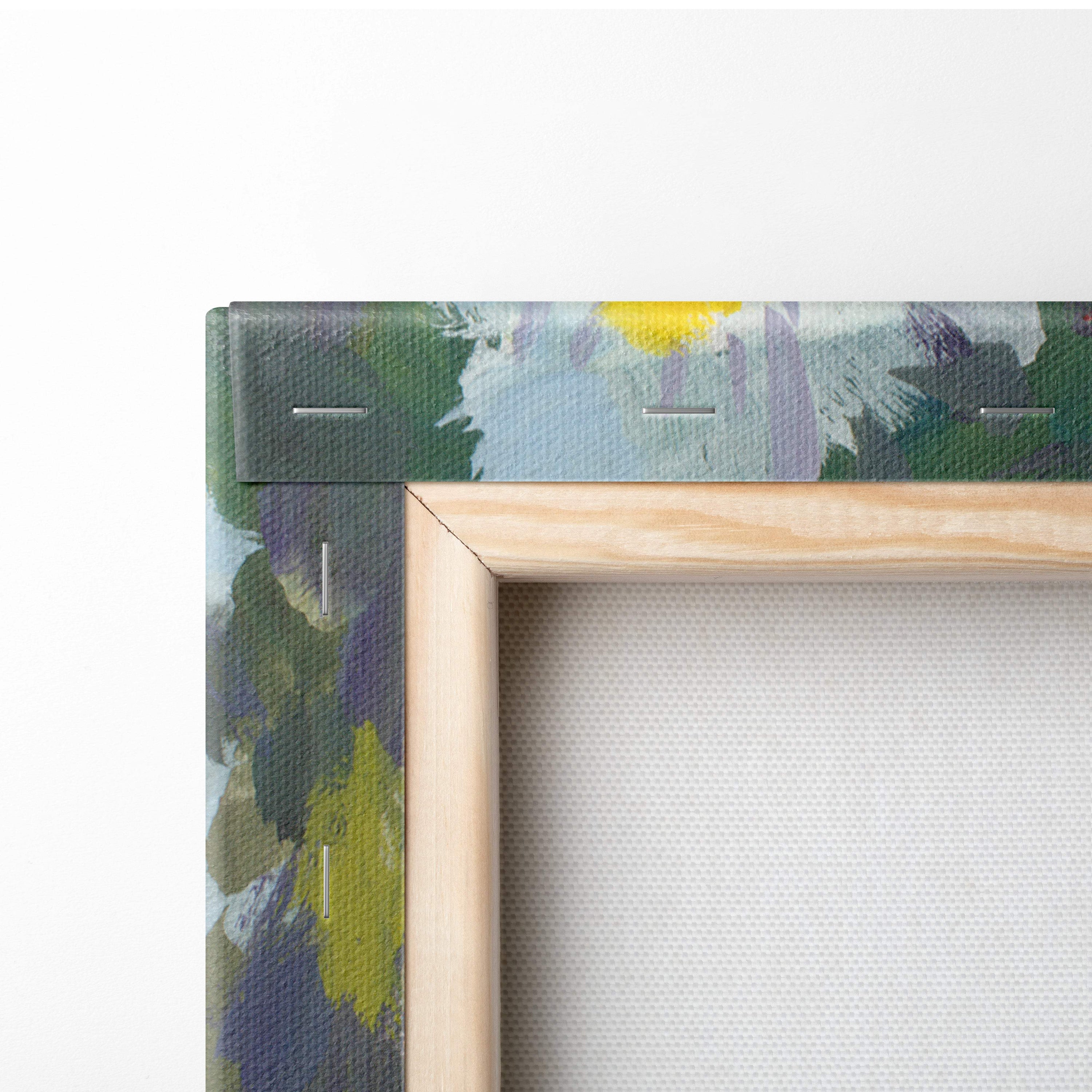Light wood-framed white daisy canvas print with green blue and yellow abstract brushstrokes for spring garden decor