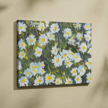 White daisy flower canvas print featuring vibrant daisies with yellow centers and green gray foliage in impressionist style