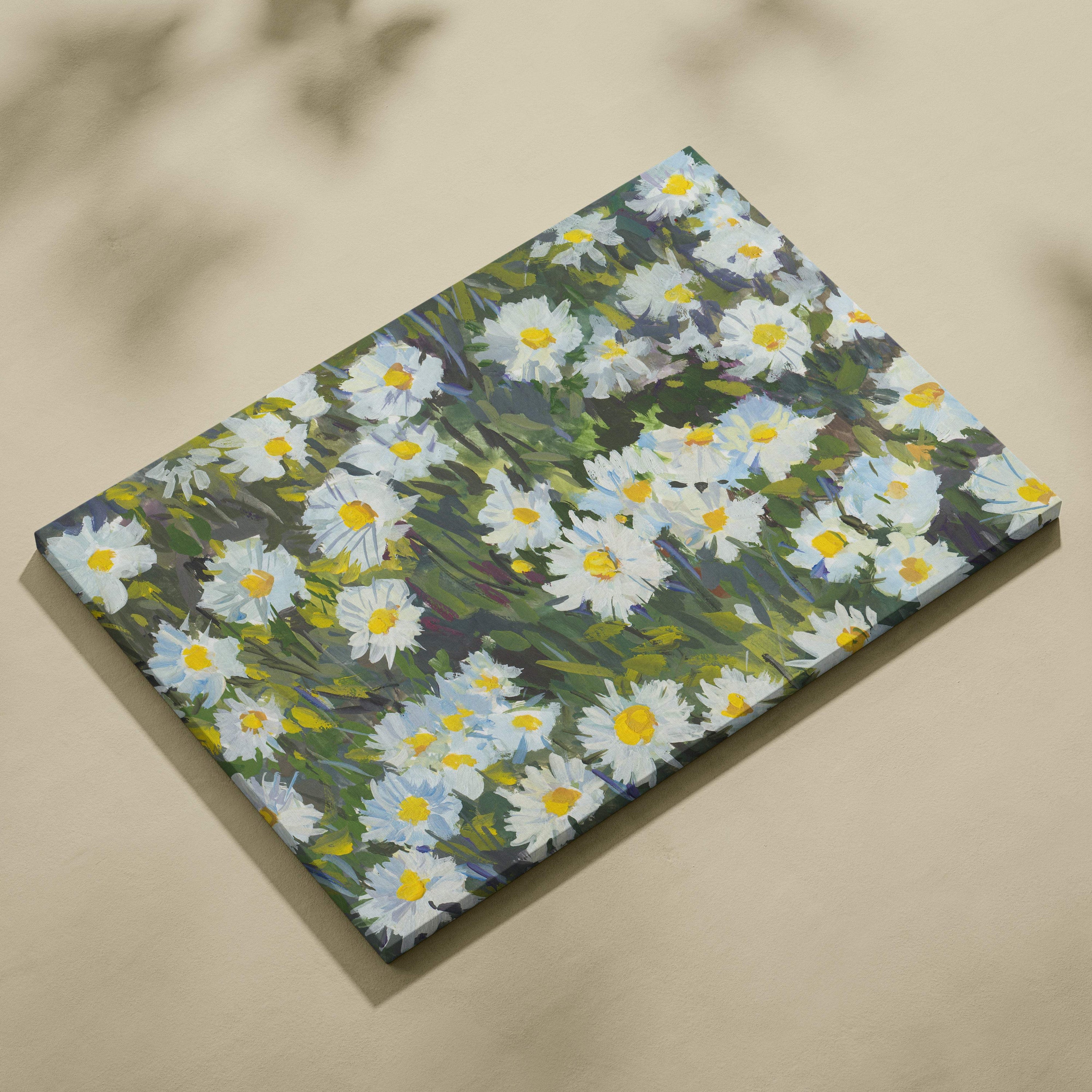 White daisy flower canvas print with vibrant yellow centers on textured green and gray background for spring decor