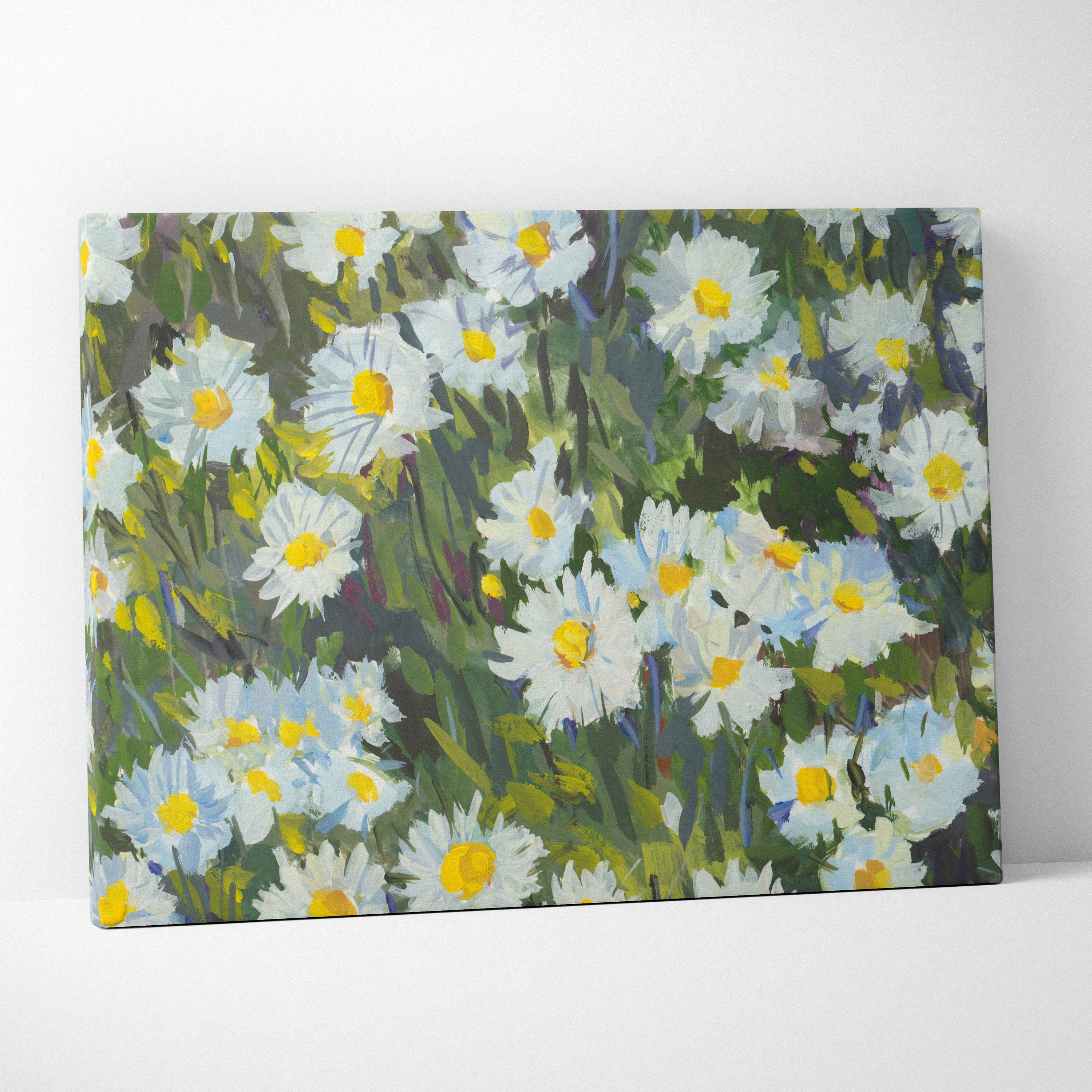 A rectangular canvas print of white daisy flowers with yellow centers in impressionist style green floral meadow decor